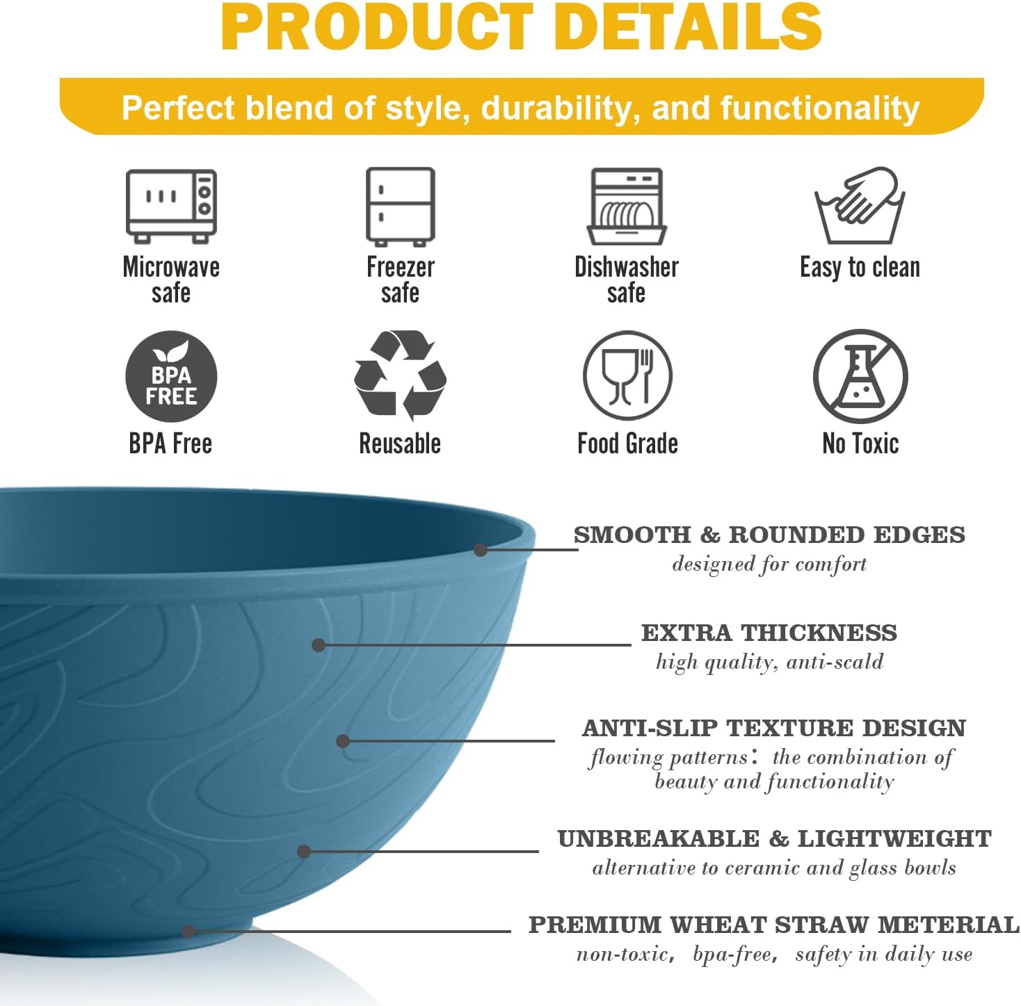 Unbreakable Large Cereal Bowls 40 OZ, Wheat Straw Bowls Set of 6, Alternative Plastic Bowls for Kitchen, Outdoors, Microwave & Dishwasher Safe Bowl Set for Salad, Cereal, Soup, Ramen, Multi - Image 4