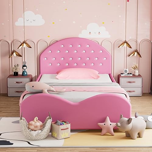 Miniatura 107 de HONEY JOY Marco de cama individual para niños, plataforma de cama individual de madera con cabecera y base de listones, no necesita somier, muebles