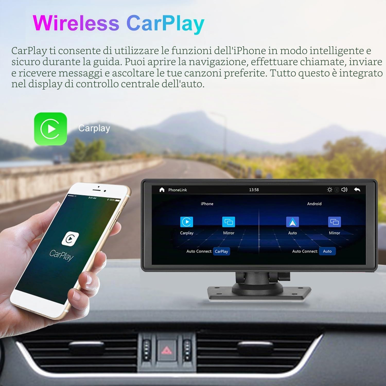 Autoradio portatile con Wireless CarPlay e Android Auto, lettore multimediale touchscreen HD IPS da 9,3" con supporto per telecamera di backup a 12 LED Trasmettitore FM MirrorLink Bluetooth