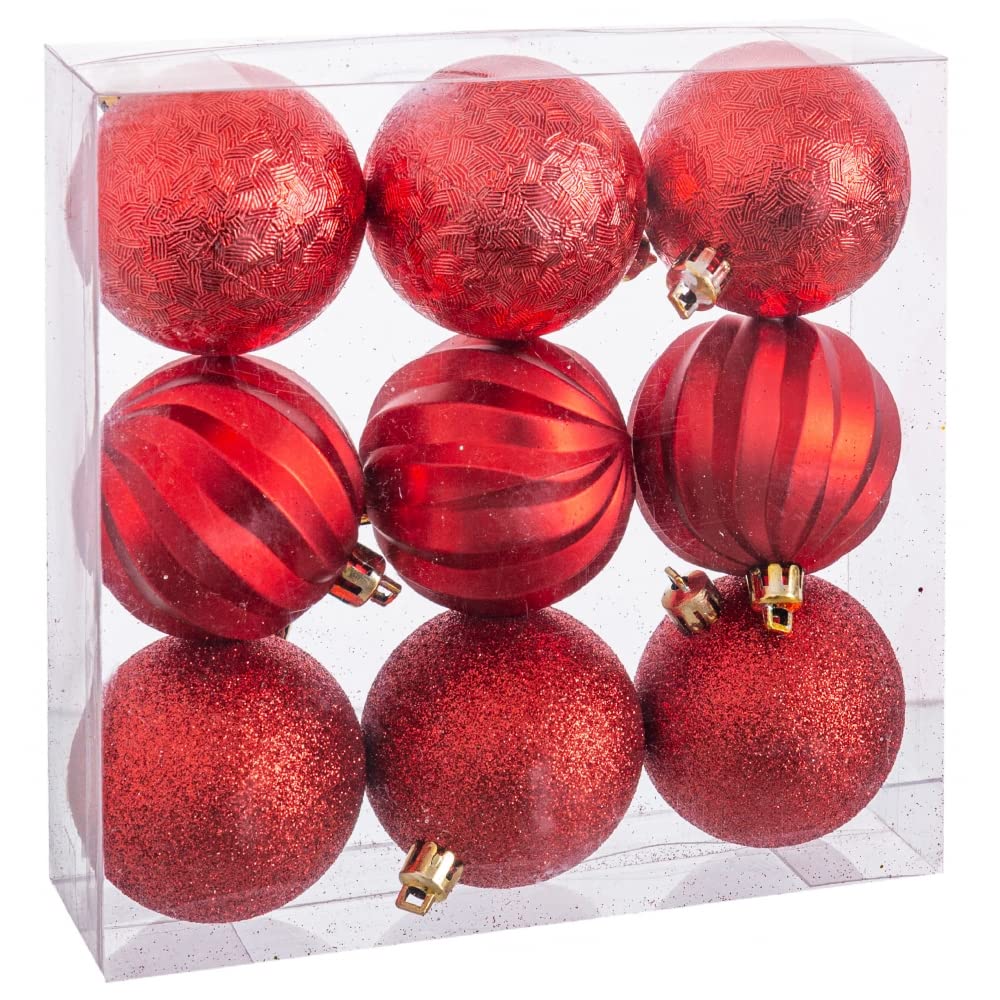 UNIMASASet of 9 Baubles 60 mm Red with Different Textures Adds Elegant Shine to Your Christmas Decoration, Multi-Colour, Not Applicable
