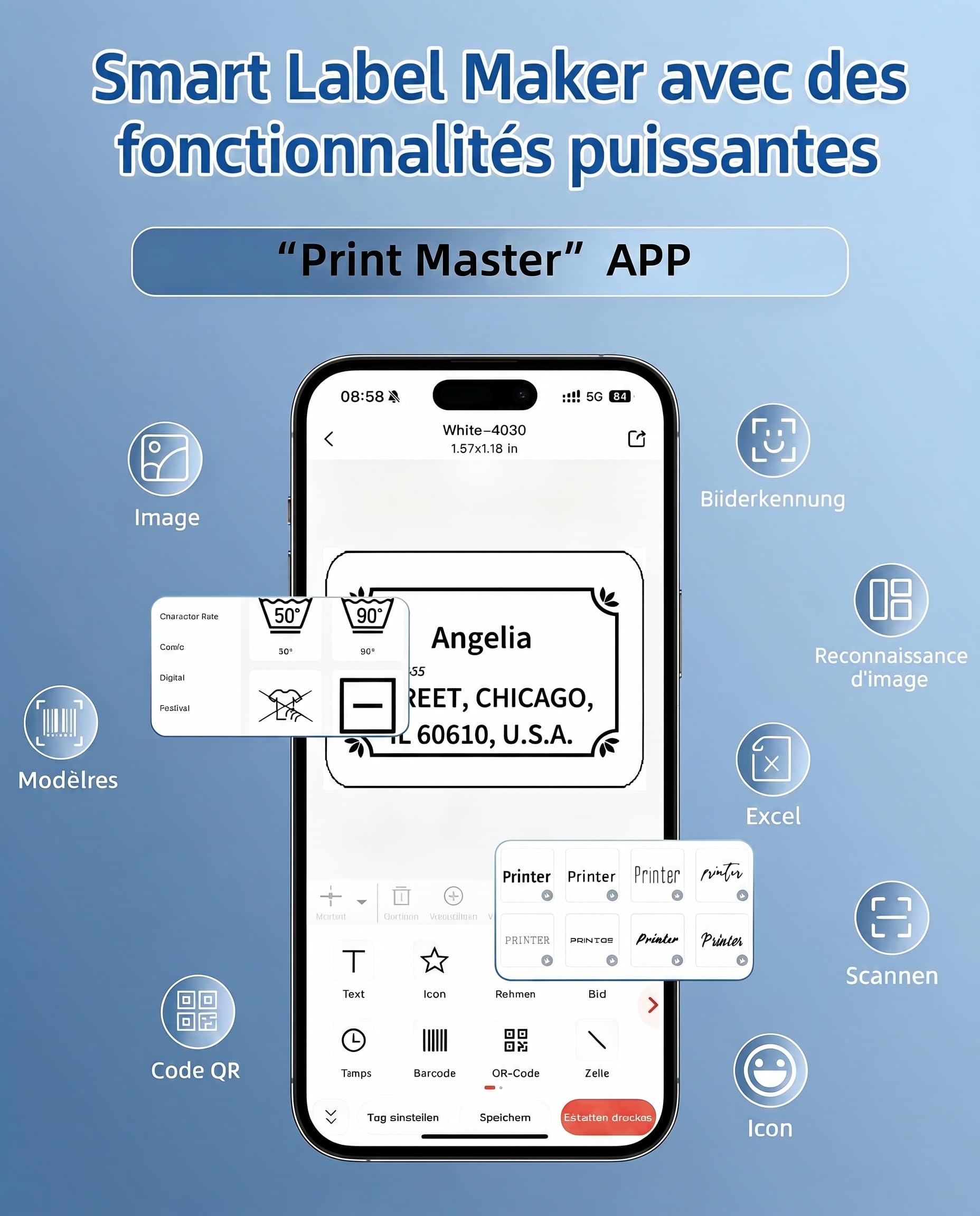Phomemo M220 Imprimante d'étiquettes Bluetooth Étiqueteuse Imprimante Etiquette - Portable Thermique Convient pour Bureau,Transport,Câble,Boutique,Code à Barres,Compatible avec Phones & PC