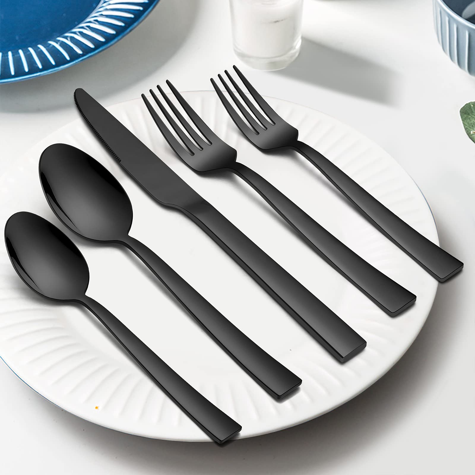 Juego de cubiertos de acero inoxidable E-far de 60 piezas para 12, cubiertos de metal, utensilios para comer, incluye tenedores/cucharas/cuchillos, borde cuadrado y apto para lavavajillas
