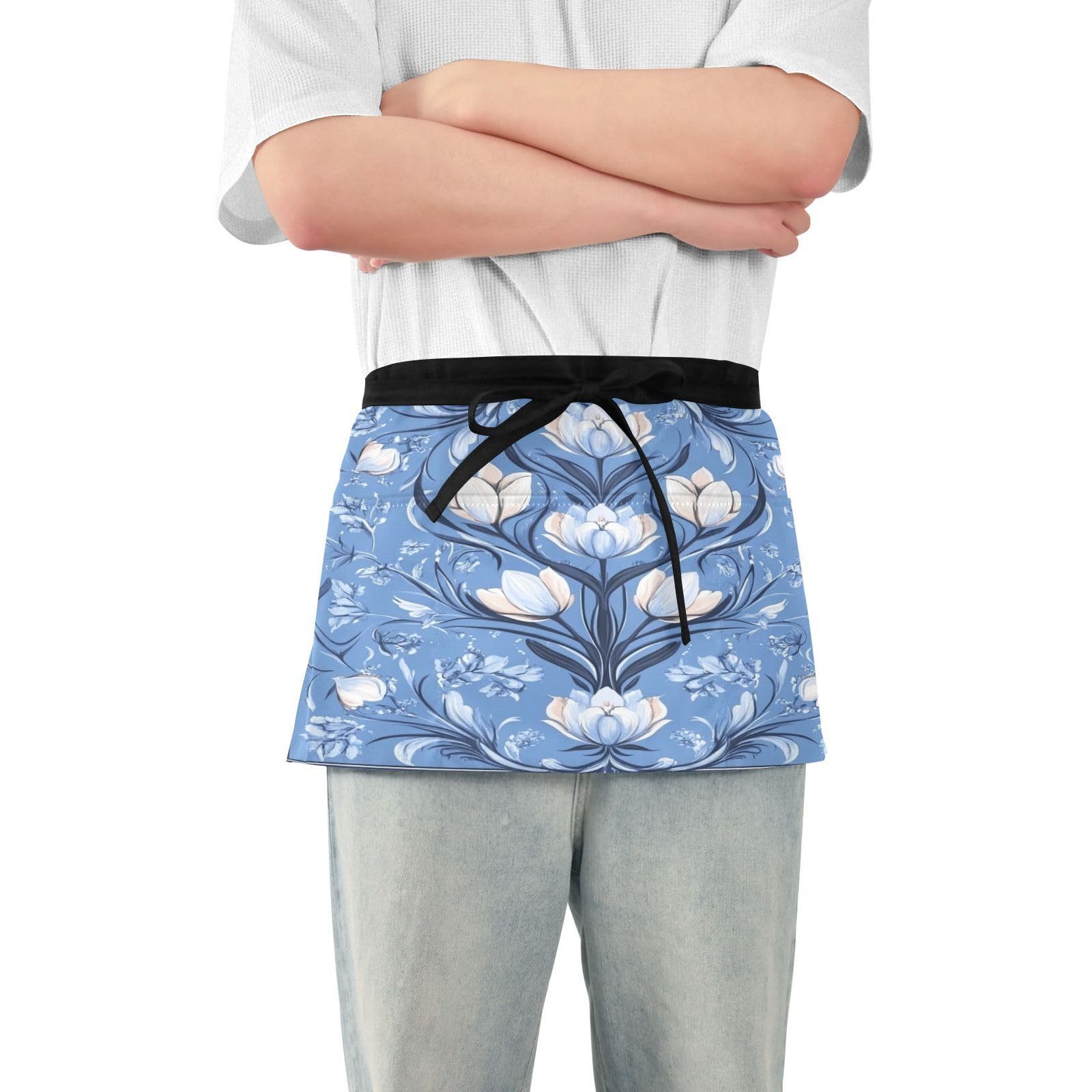 Kigai Floral Pattern Server Aprons for Men Women Water & Oil Resistant Waitress Waiter Waist Apron with 3 Pockets