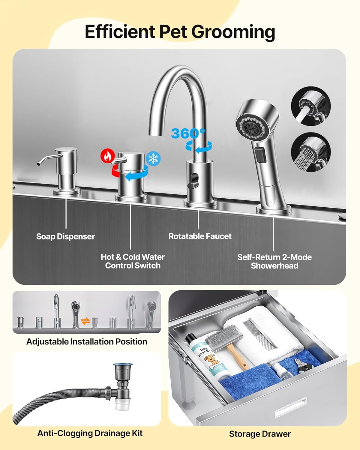 VEVOR Dog Bath Tub, Professional 50 Inch 304 Stainless Steel Dog Washing Station Anti-Slip Ramp & Storage Drawer, Hot Cold Water Faucet and Showerhead for Large Medium Small Dogs (Left Door)