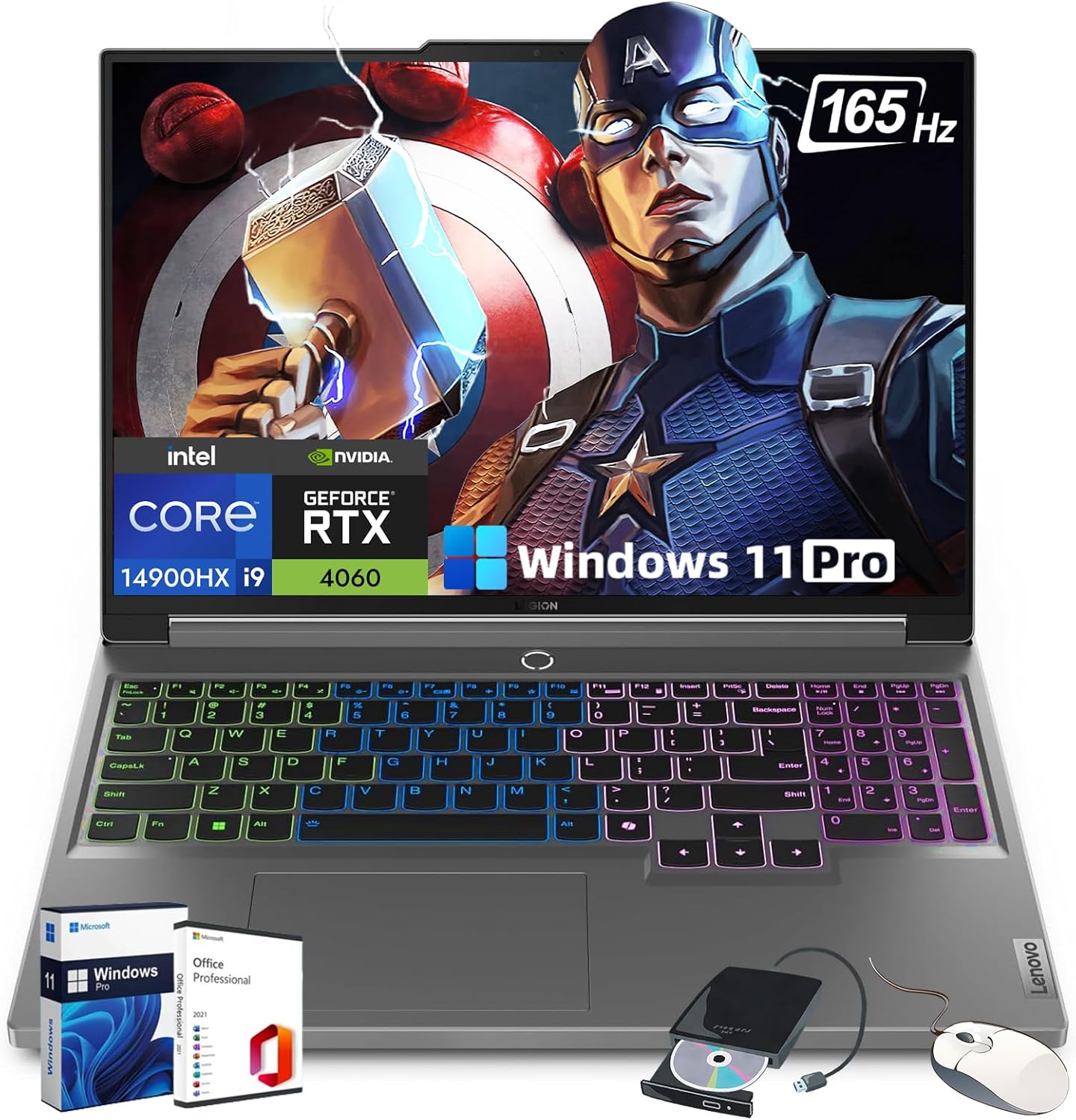 Lenovo Legion 5i Gen 9 Gaming Laptop - Intel 24-Core i9-14900HX, 16" WQXGA(2560x1600) 165Hz, GeForce RTX 4060(TGP 140W), RGB Backlit KB, w/Office Lifetime & DVD Drive, Win 11 PRO (32GB RAM, 1TB SSD)