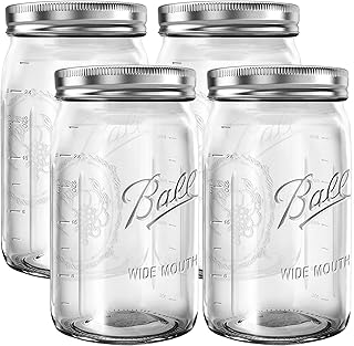 Mason Jars Wide Mouth 32 oz Bundle with Non Slip Jar Opener brand BHL Jars - Set of 4 Quart Size Mason Jars - Canning Glas...