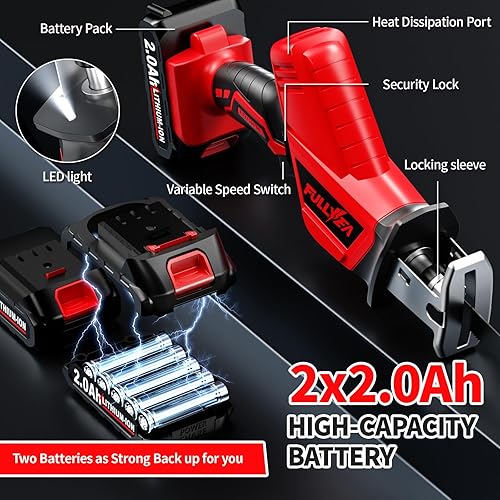 Miniatura 4 de Sierra Recíproca Inalámbrica, 0-3500SPM Sierra Recíproca de Potencia con Batería de 2 x 2000 mAh y 4 Hojas de Sierra, Cambio de Hoja sin