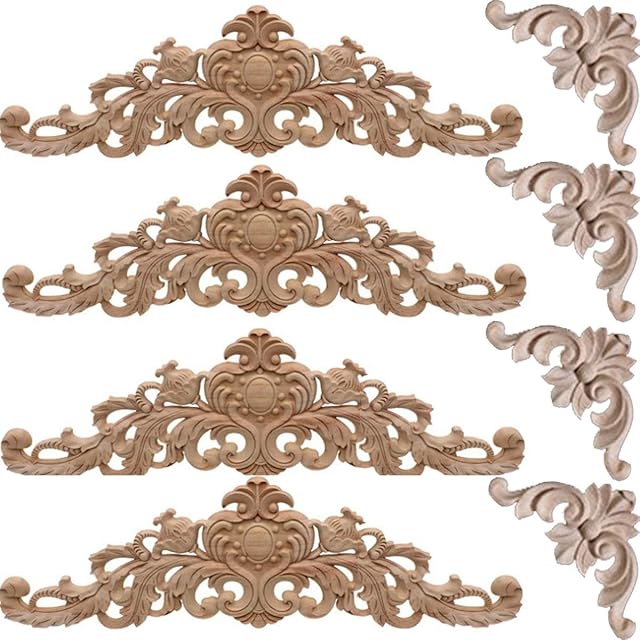 Tangger 8 PCS Wood Carving Decoration 30×8.5cm&10×10cm,Wood Carved Furniture Door Appliques Fashion Unpainted Wood Carved Corner Decal