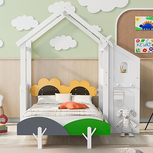Miniatura 191 de Cama de casa de tamaño individual con 2 cajones, marco de cama de madera y barandilla de seguridad. Ahorra espacio, ideal para el dormitorio de un