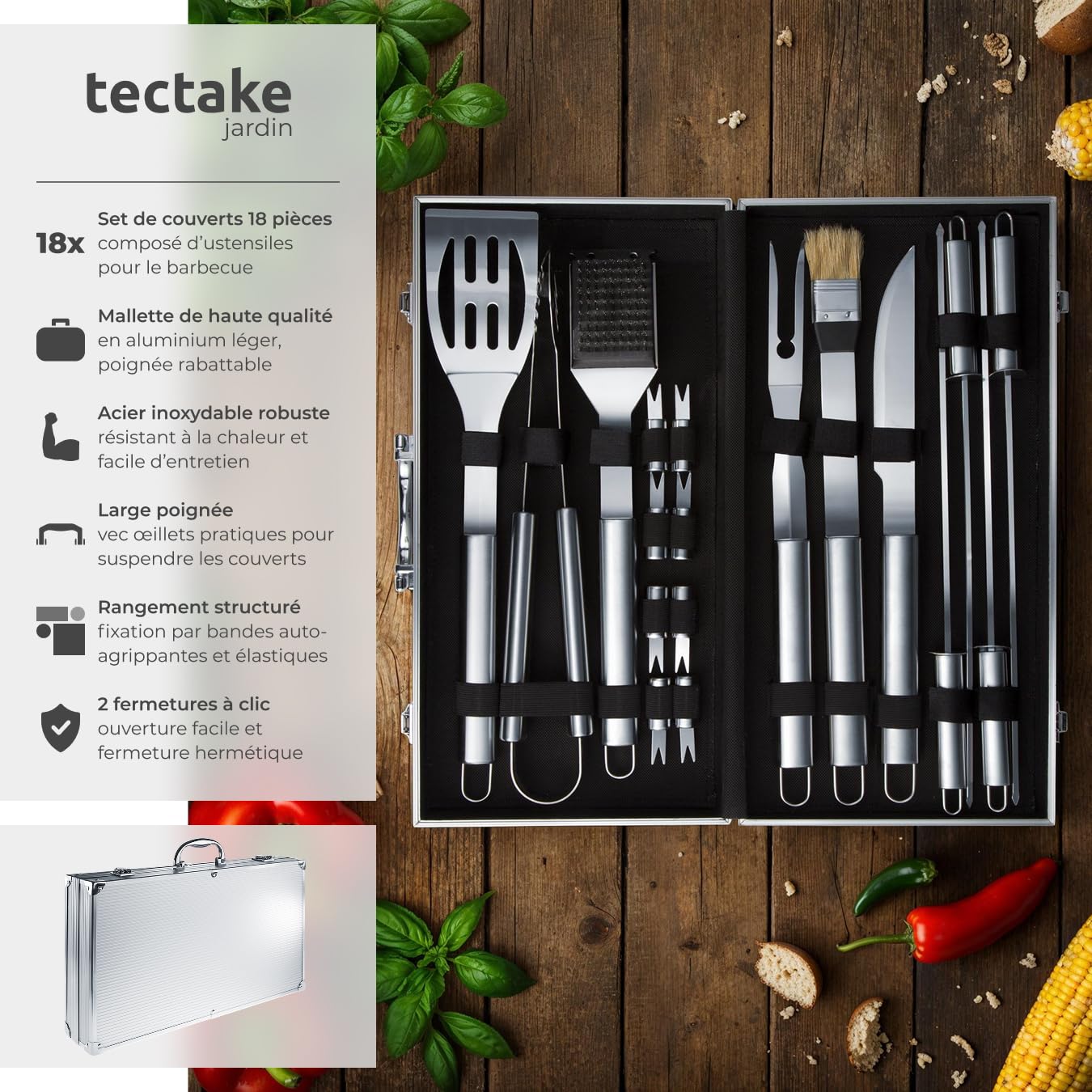 Malette Accessoires Barbecue 18 pièces Acier Inoxydable Coffret Aluminium Kit Grill Plancha Brasero BBQ Ustensiles