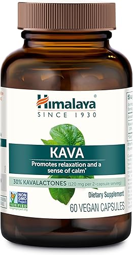 Himalaya Kava, Suplemento de hierbas para relajación y calma, 30% kavalactonas, vegano, sin gluten, 400 mg de extracto de raíz de kava, 60 cápsulas