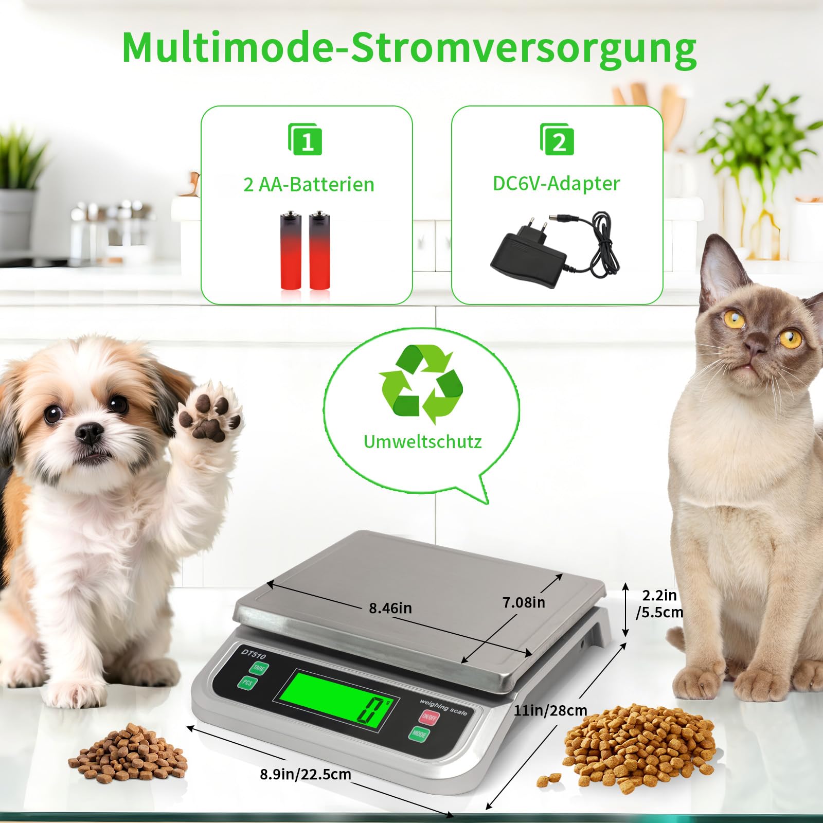 Küchenwaage Digital, 40KG Küchenwaage mit PCS zählen und Tara Funktion Küchen waage mit 6 Maßeinheiten g/kg/lb/oz/ml/milk-ml und LCD Display Edelstahl Wiegefläche zum Backen und Kochen Silber