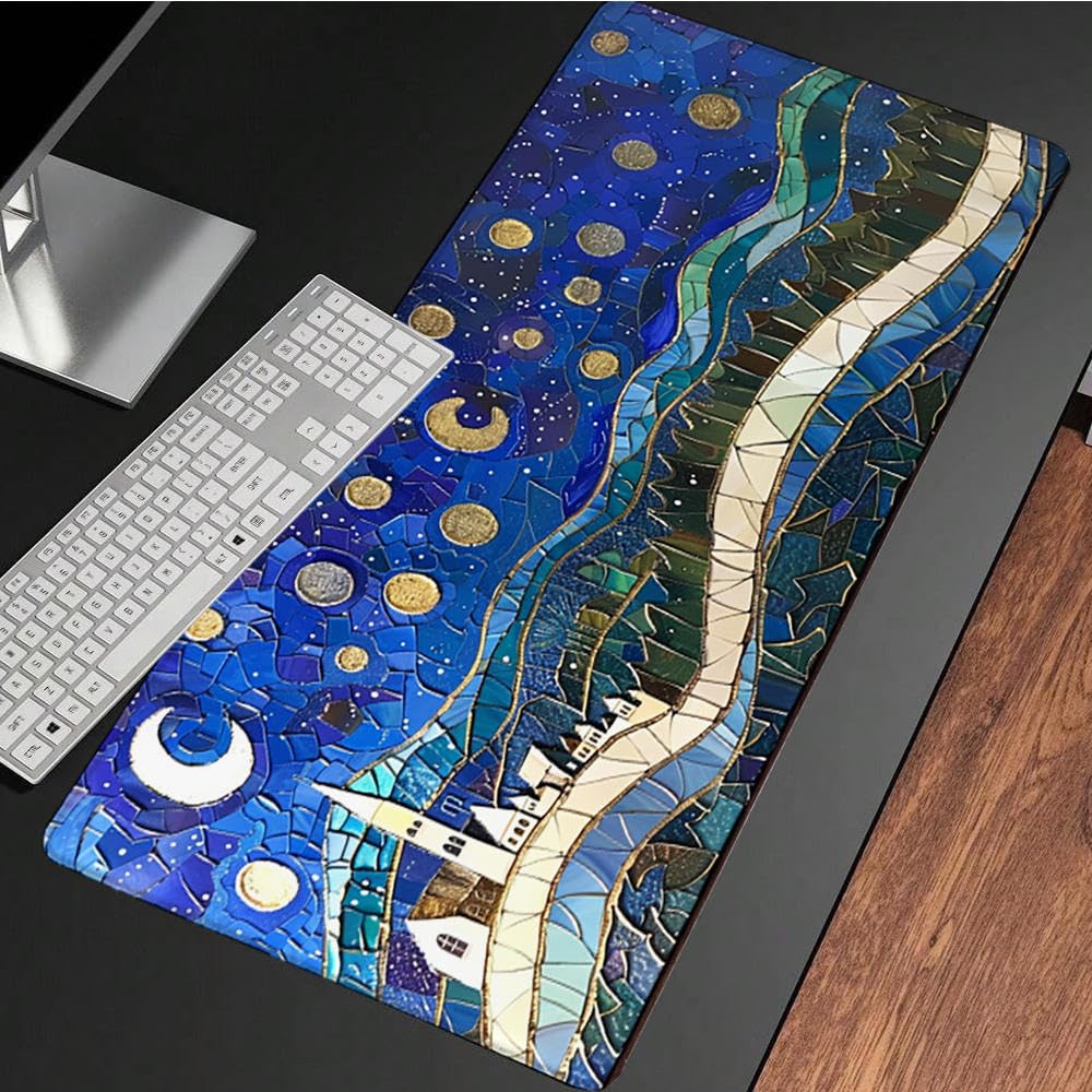 Niebieska podkładka pod mysz XXL, podkładka na biurko, 1200 x 600 cm, szyte krawędzie, podkładka pod mysz, gumowa podstawa, Van Gogh, podkładka pod mysz, stabilna przyczepność na gładkich