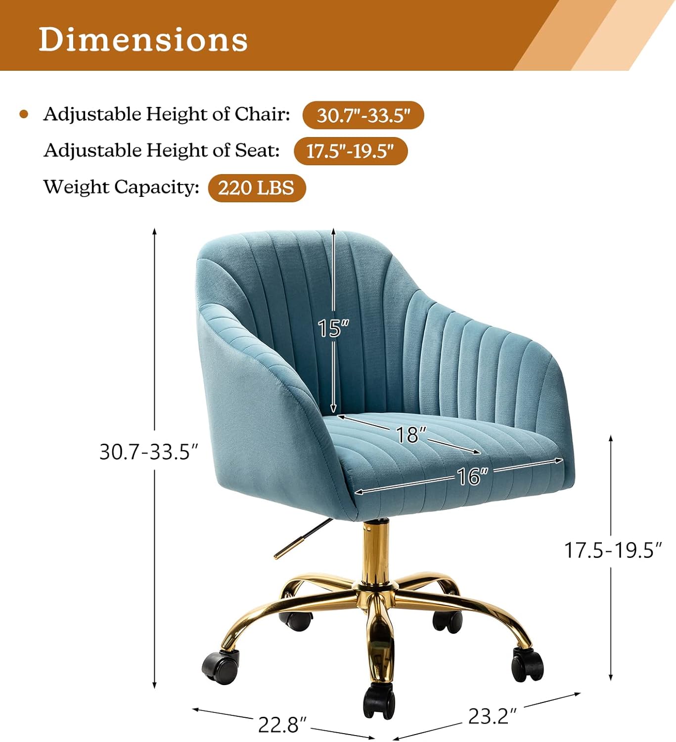 HULALA HOME Velvet Home Office Desk Chair, Modern Cute Computer Task Chair, Wheels Swivel Height Adjustable Upholstered Vanity Chair for Women, Girls (Gold Base, Blue)
