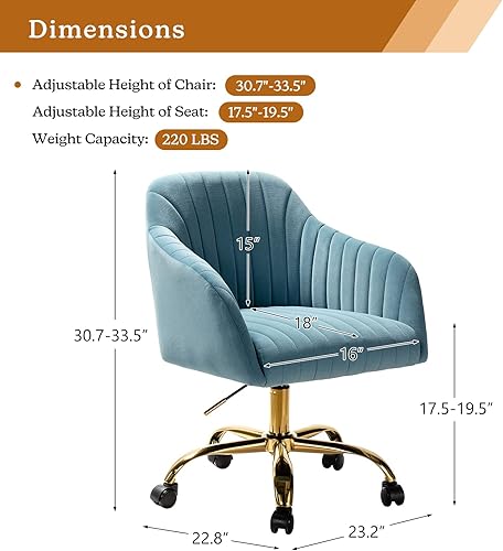 Miniatura 2 de TINA'S HOME Silla de escritorio de terciopelo para oficina en casa con base dorada, moderna y bonita silla de trabajo para computadora, ruedas
