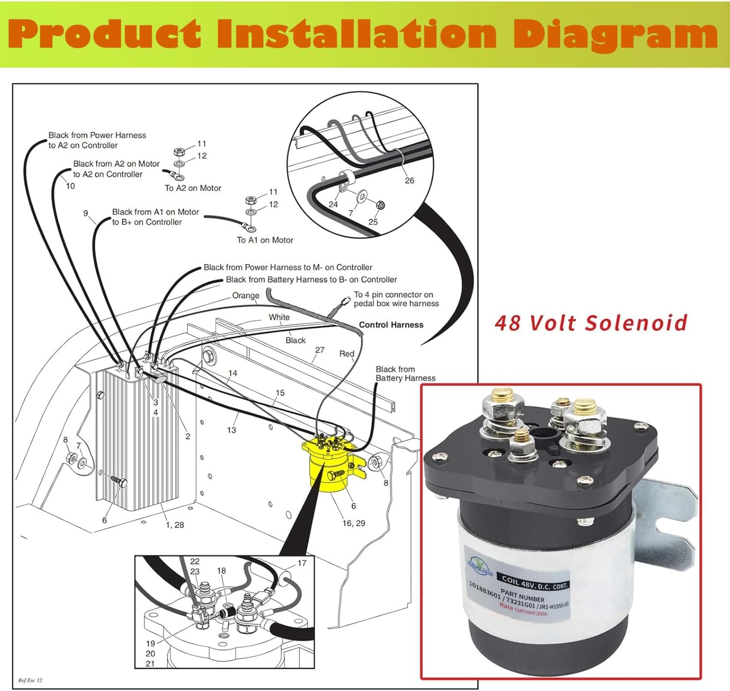 Panglong Golf Cart 48V 4 Terminal Solenoid, Compatible with Club Car 48V Solenoid, EZGO 48V Solenoid and Yamaha 48V Solenoid, OEM #1018836-01, 73231G01, JR1-H1950-00