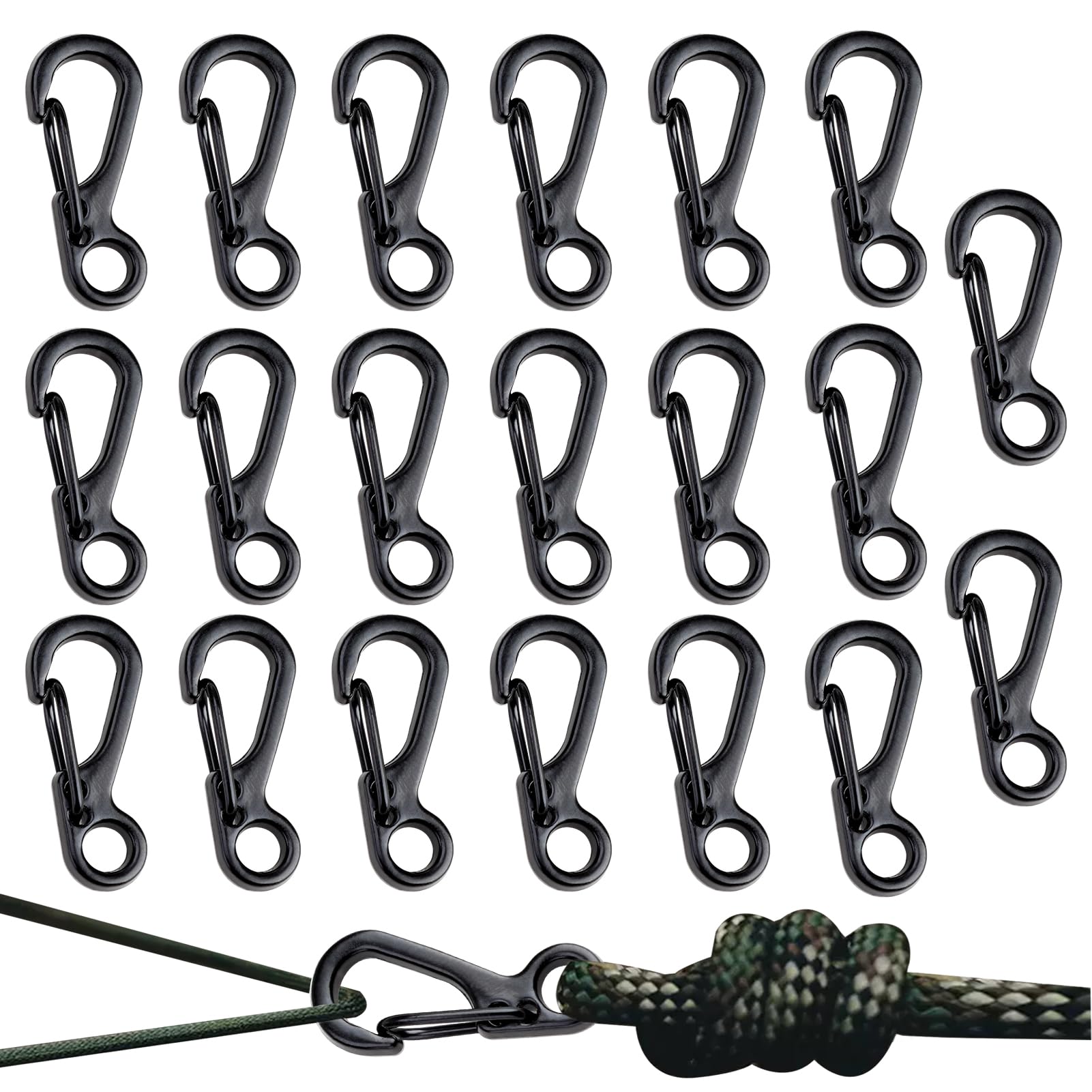 20 PCS Mini Carabiners Clip Tiny Carabiner Set Small Carabiner Clips Spring Snap Keyring Hook Zinc Alloy Paracord Carabiners for Camping Travel Hiking Fishing Keychains Backpack Outdoor Black