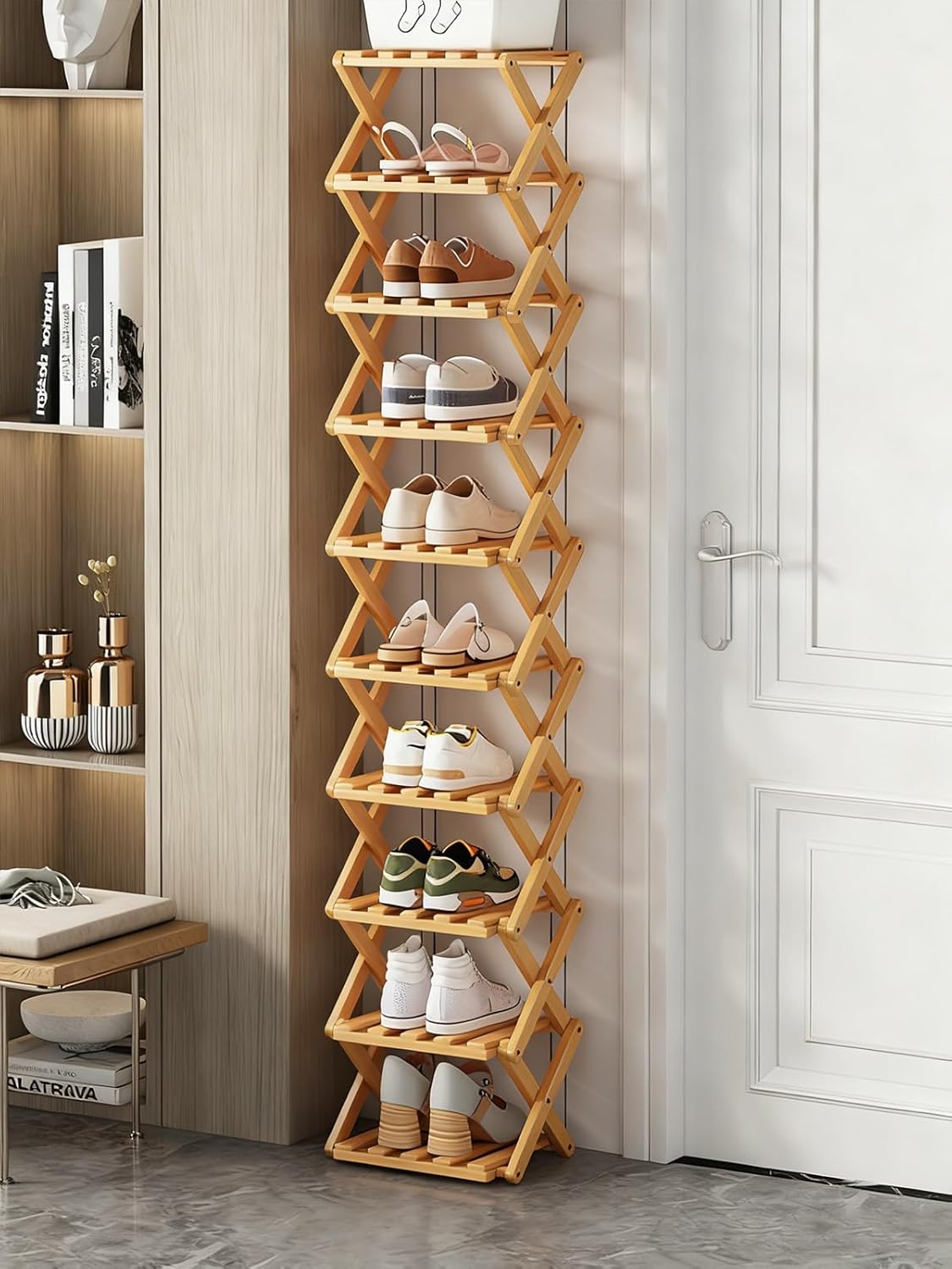 9 Tier Bamboo Shoe Rack - The 9-Tier No-Assembly Bamboo Rack, Space-Saving Organizer for Shoes, No Assembly Narrow Shoe Shelf for Entryway Closet Dorm (Original Color,Tenth Floor)