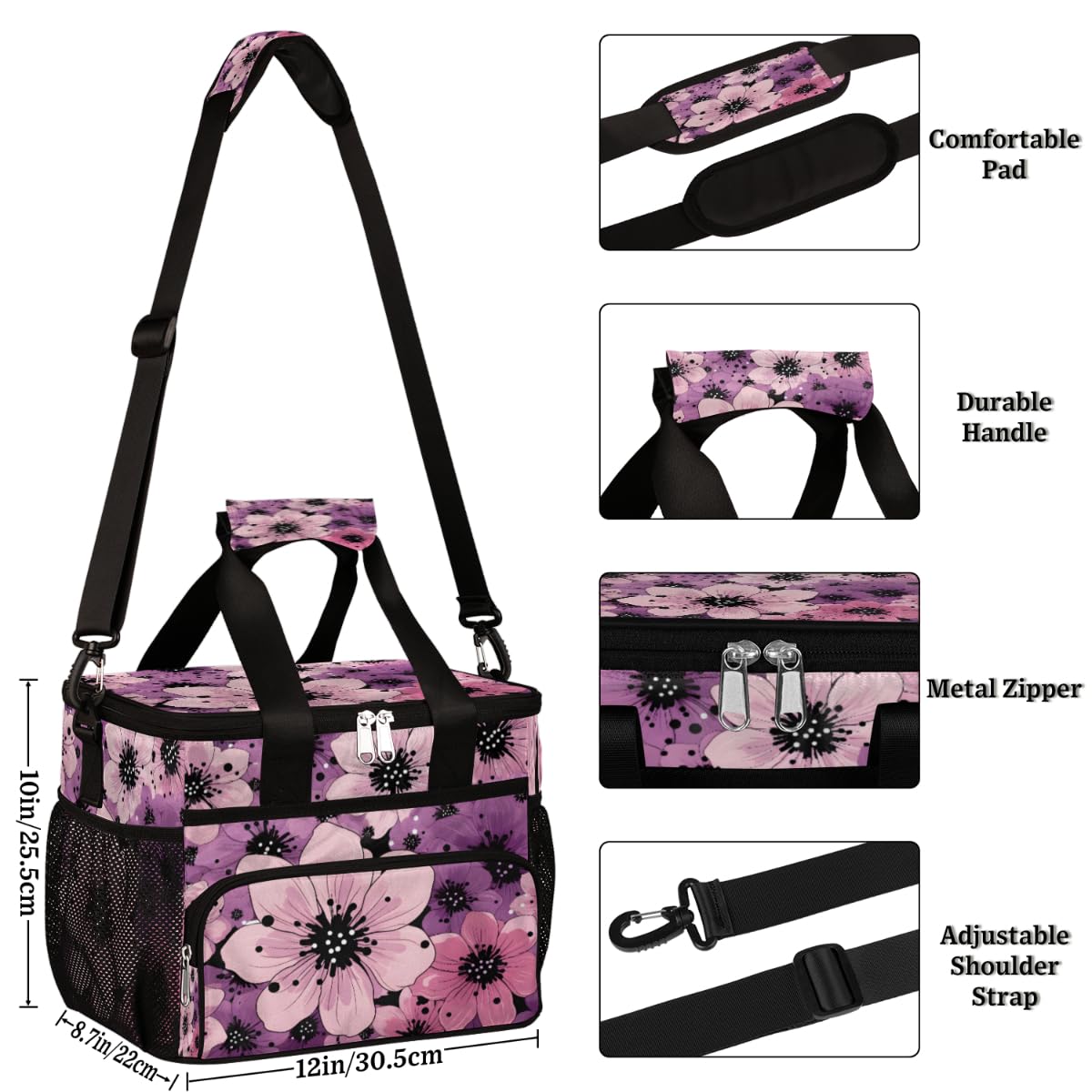 Purple Floral Insulated Picnic Backpack Lunch Box for Women Men Picnic Basket Tote Lunch Bag Picnic Bag Portable Lunch Bags for Picnic, Beach, Work, Trip,Office, Camp Cosmos Flowers