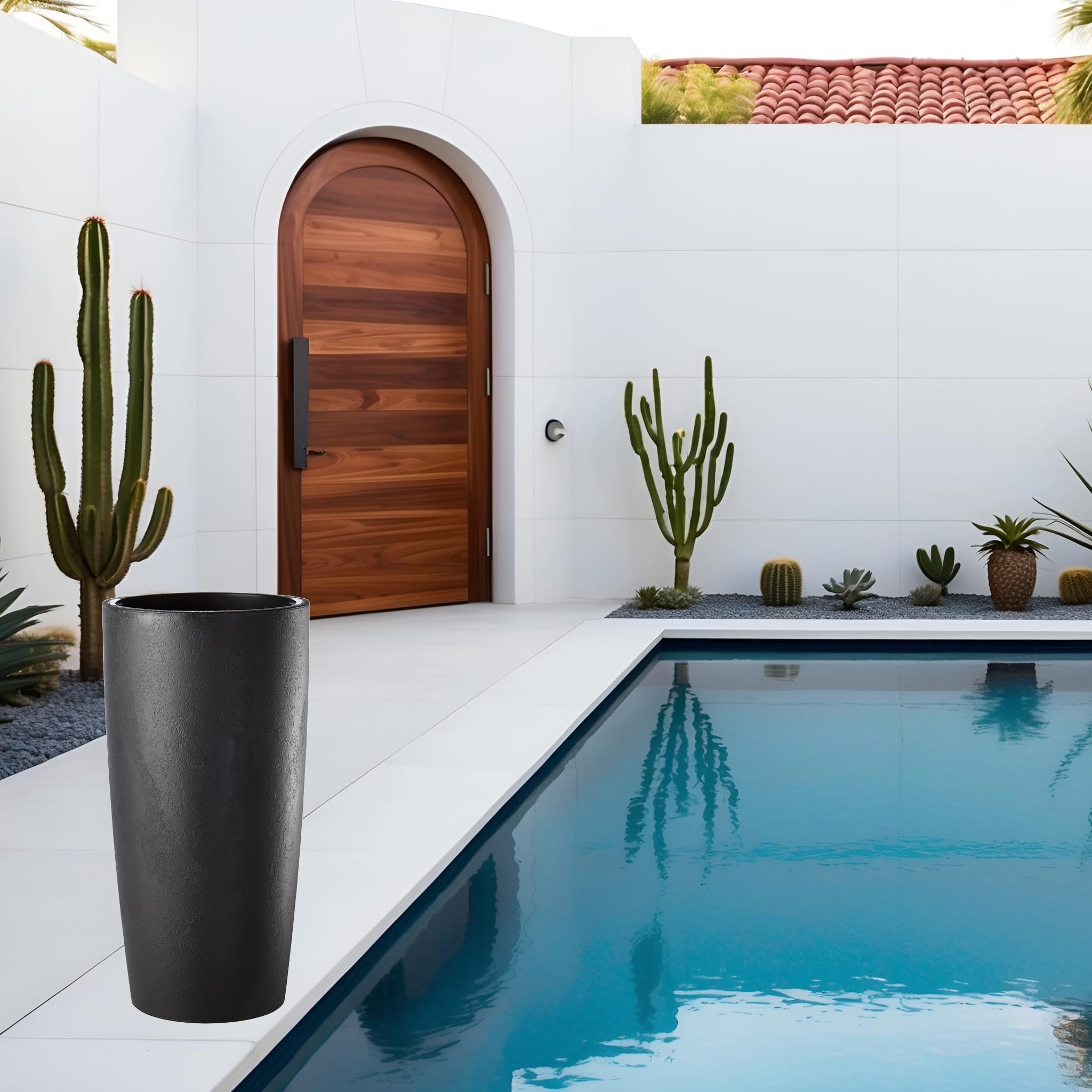 TECNOKIT Pot de Fleurs Haut Erba Musa Matte 35x90 cm Anthracite | Jardinière Moderne Effet Ciment avec Soucoupe Amovible | Résistant UV et Gel pour Intérieur, Terrasse, Balcon, Jardin