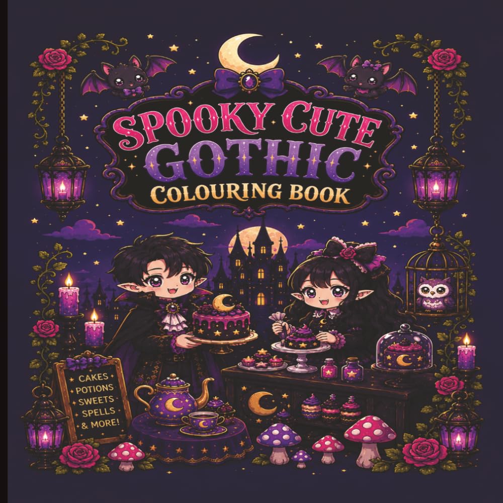 Spooky Cute Gothic Colouring Book: Cute Fantasy Gothic Scenes with Vampires, Moon Cakes, Magical Cafés, Bats & Cozy Gothic Worlds for Relaxation and Creativity