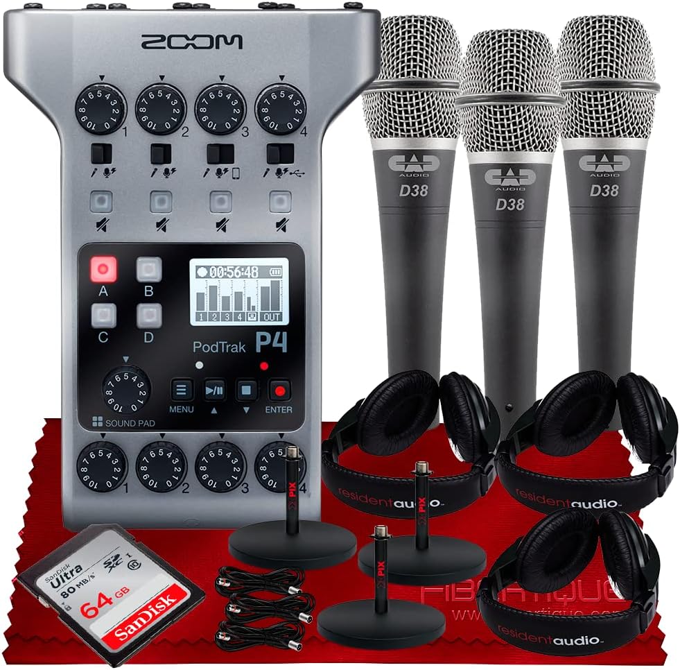 Zoom PodTrak P4 Portable Multitrack Podcast Recorder Bundle w/ 4 Ins/ 4