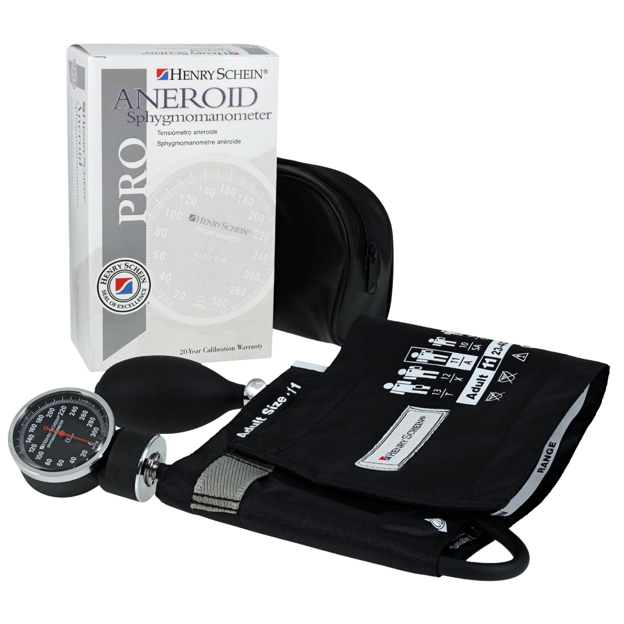 Adult Pro Aneroid Sphygmomanometer – Size 11 (9"–19.5") Black Cuff, Manual Blood Pressure Monitor, Reusable, Dial Display, Includes Leatherette Carrying Case – 1 Count
