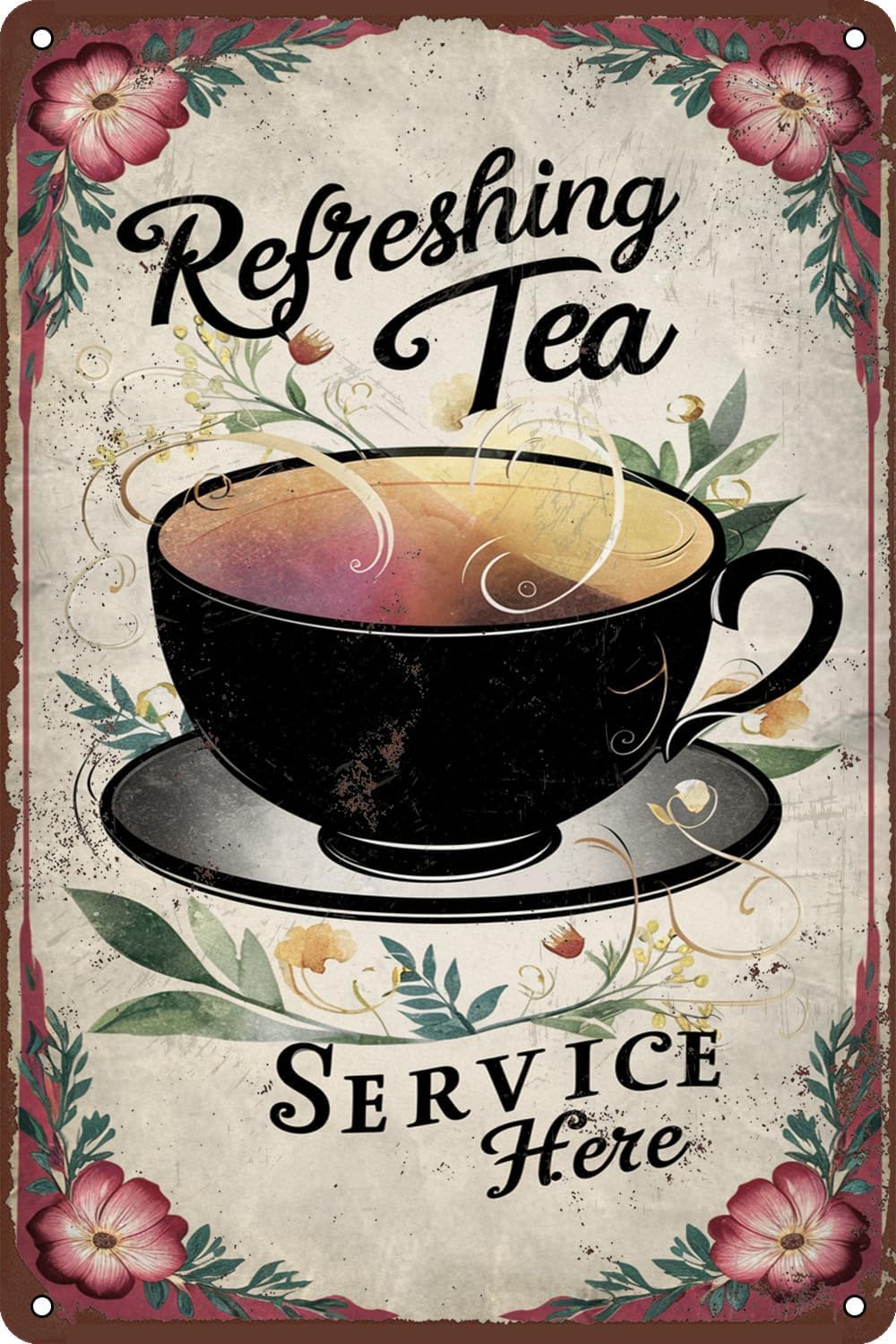 SMAZDFXX Refreshing Tea Service Here Retro Tin Sign, Teacup Vintage Metal Wall Decor for Kitchen, Tea Room, or Cafe, Classic Tea Theme Wall Art Poster for Tea Lovers 8"x12"