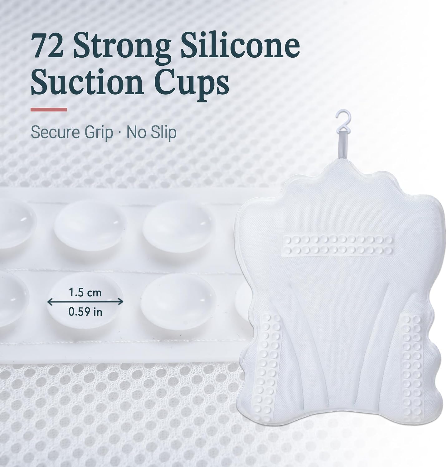 Bath Pillows for Tub Ergonomic, Soft Breathable 5D Mesh Headrest and Back Cushion with 72 Suction Cups, Machine Washable Bathtub Spa Pillow with Wash Bag, Drying Hook and Shower Cap White