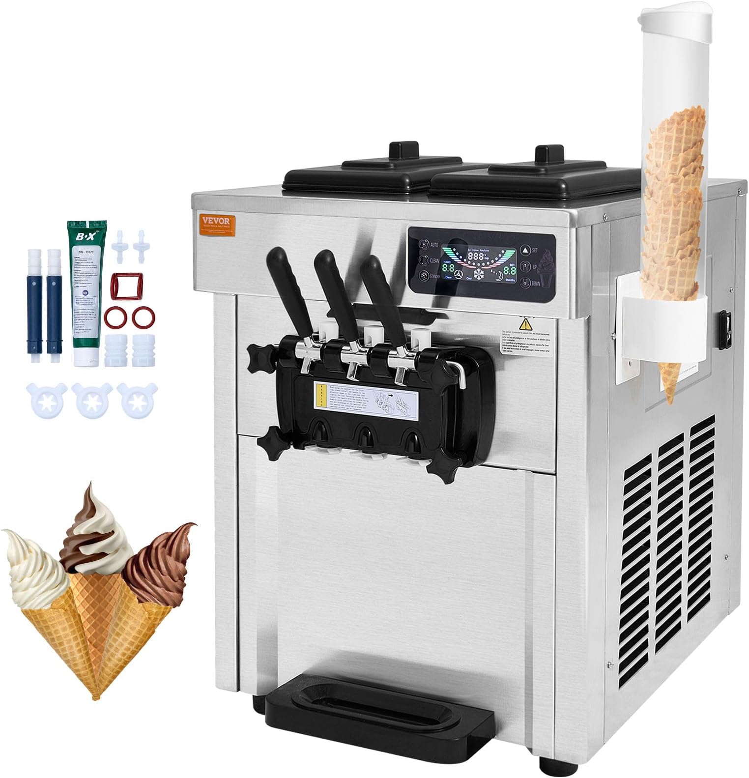 VEVOR Commercial Ice Cream Machine, 18-28 L/H Yield, 1850W 3-Flavor Countertop Soft Serve Ice Cream Maker, 2 x 5.5L Stainless Steel Cylinder, LED Panel Auto Clean Pre-cooling, for Restaurant Bars