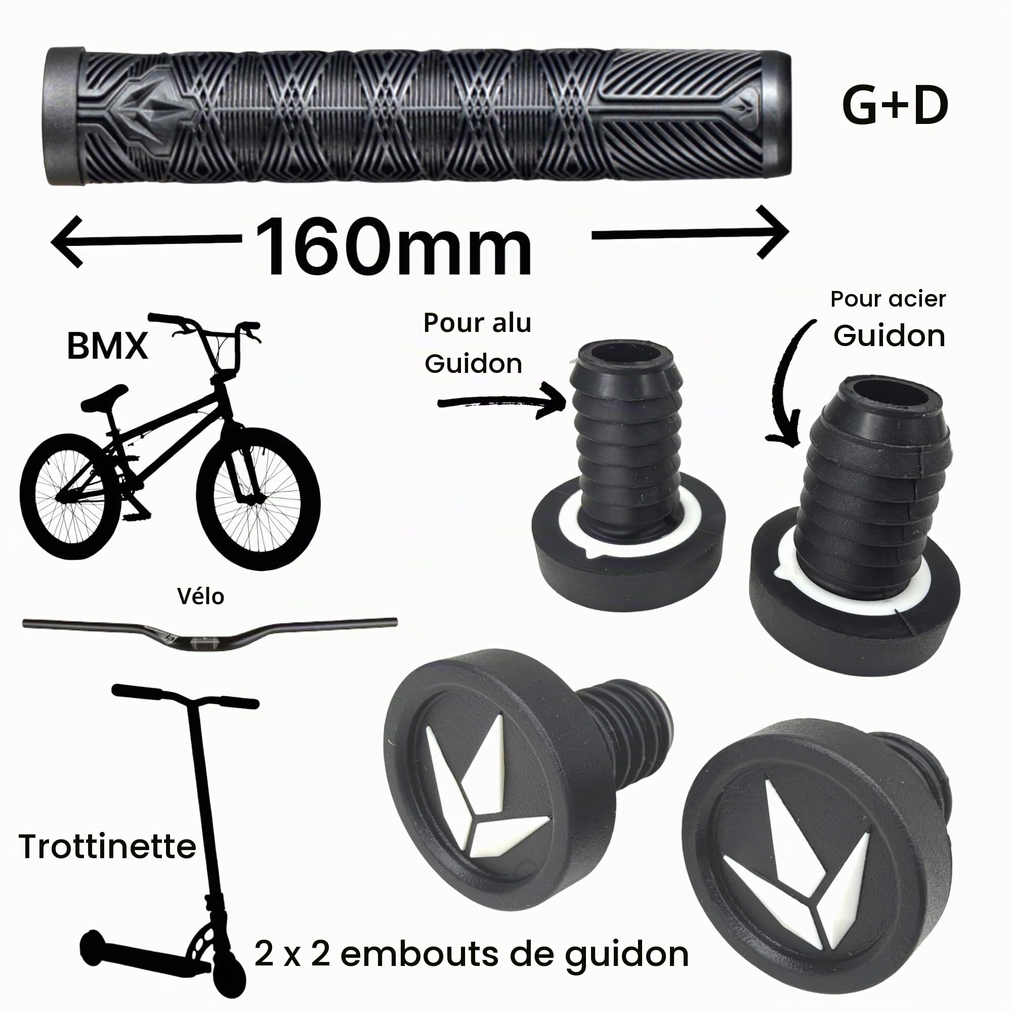 Blunt V3 Trottinette BMX Dirt Trick Tret Freestyle Roller V3 Poignées douces longues 160 mm avec 2 embouts de guidon 2 x 2 extrémités