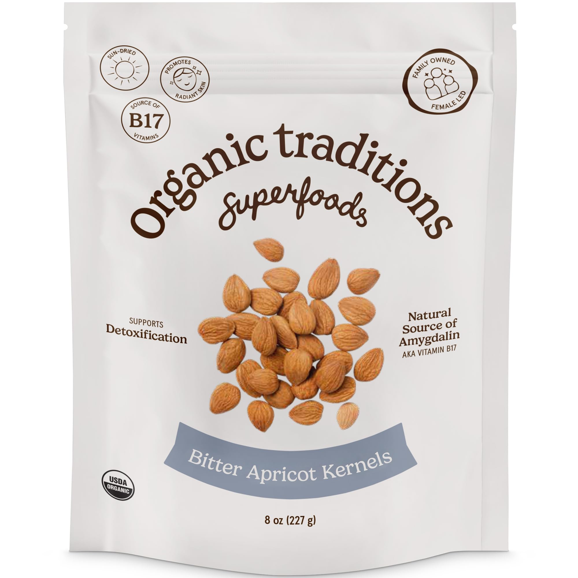 Organic Traditions Apricot Kernels – Sundried - Natural Source of Vitamin B17 - Sweet & Bitter Raw Apricot Seeds - 8ozUSDA Organic