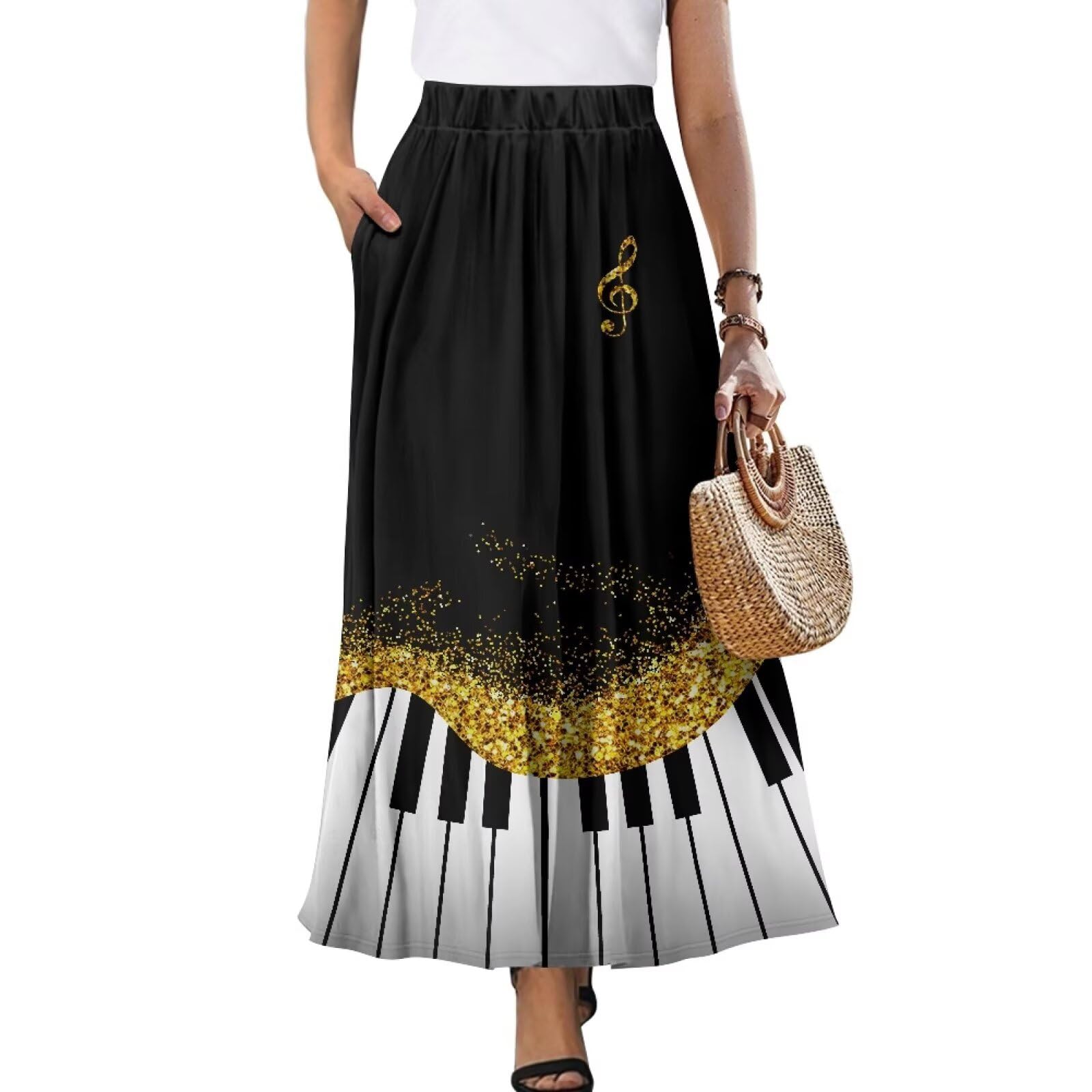 COEQINE Maxi-Röcke für Damen, langer Rock, elastisch, hohe Taille, plissiert, A-Linie, Herbstkleid mit Tasche, für Urlaub, S-2XL