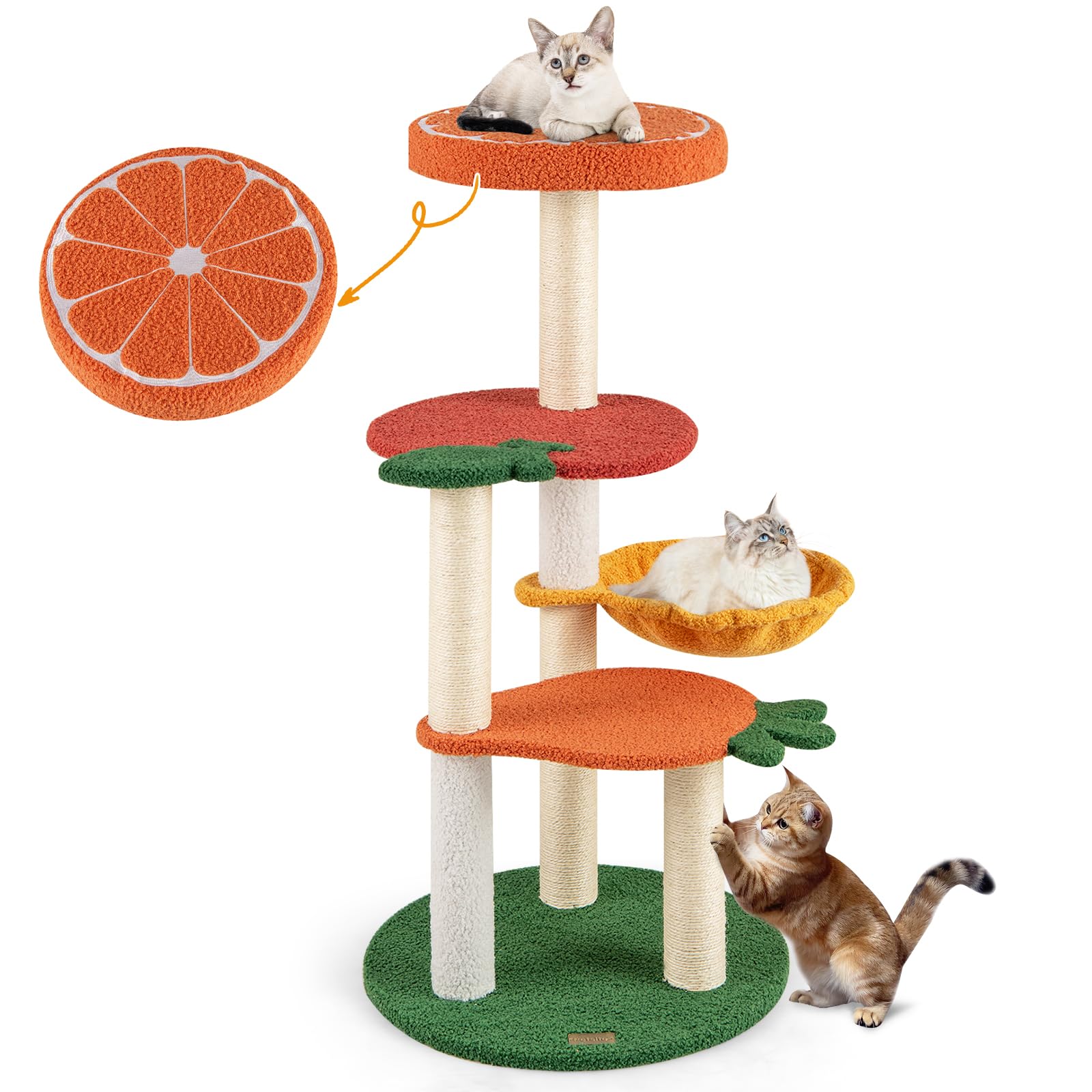COSTWAY Tiragraffi per Gatto Alto 100 cm Stile Frutta, Albero Tiragraffi Gatti con 4 Pali in Sisal, 4 Piattaforme e Amaca, Torre Albero Gatto Imbottito in Peluche, Multicolore