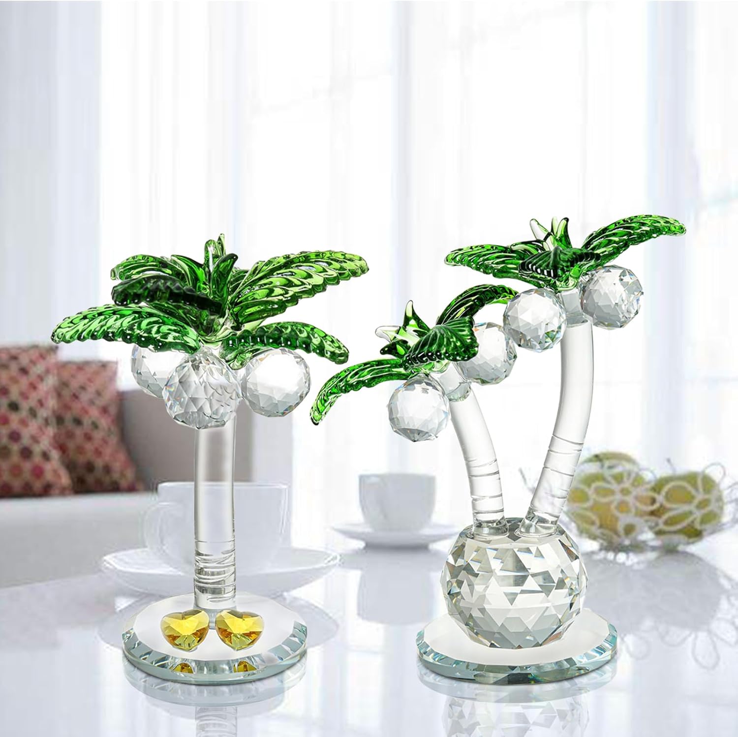 Crystal Coconut Tree Ornaments, Small Palm Tree Model Fake Tropical Plant Statue Feng Shui Artificial Tree Ornament Crystal Desktop Tree Decor Lifelike Palm Tree for Home Office(Two Trees)