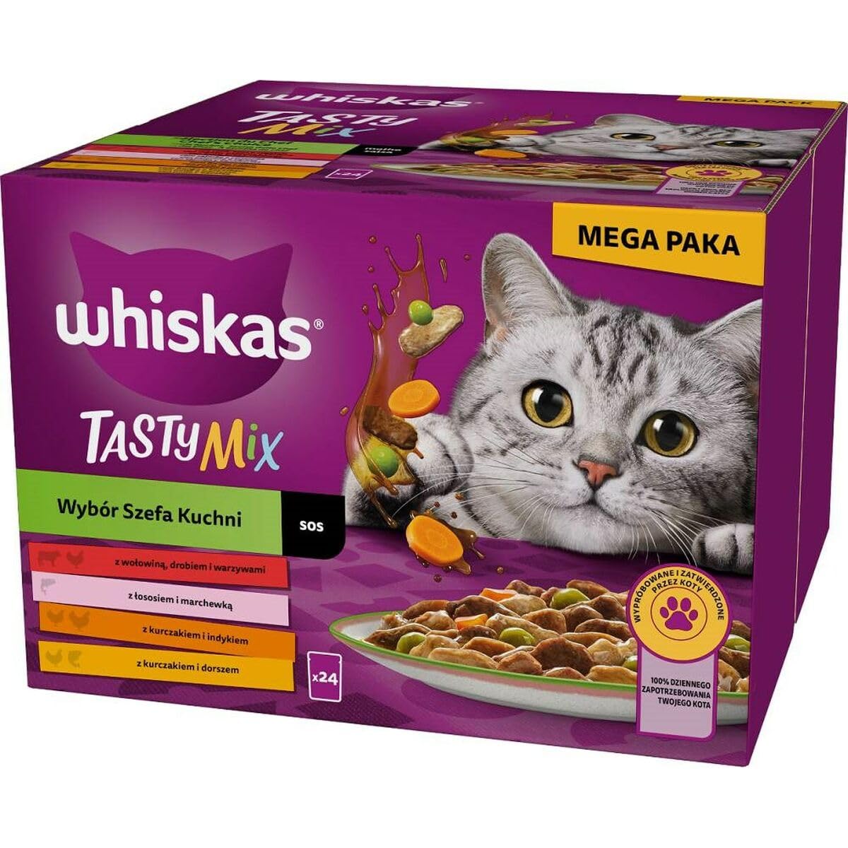 Whiskas Katzenfutter Adult Chef's Choice Katzenfutter Chef's Choice Mix Huhn, Lachs, Truthahn, Kalb, Kabeljau, 85 g, 24er Pack