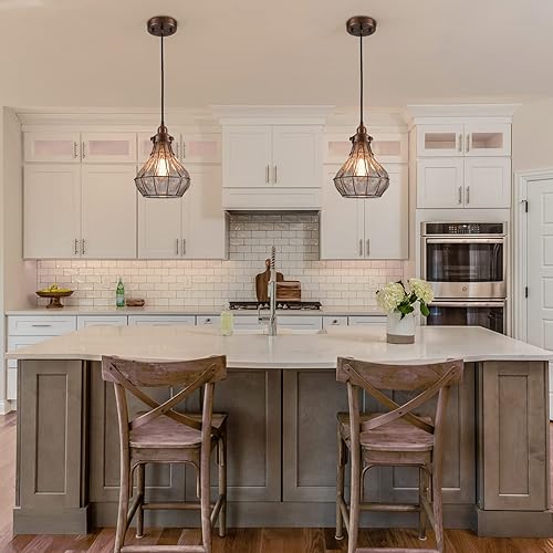 Miniatura 4 de YUBOLE Lámpara colgante de techo de jaula de alambre vintage de vidrio agrietado, cobre antiguo rojo