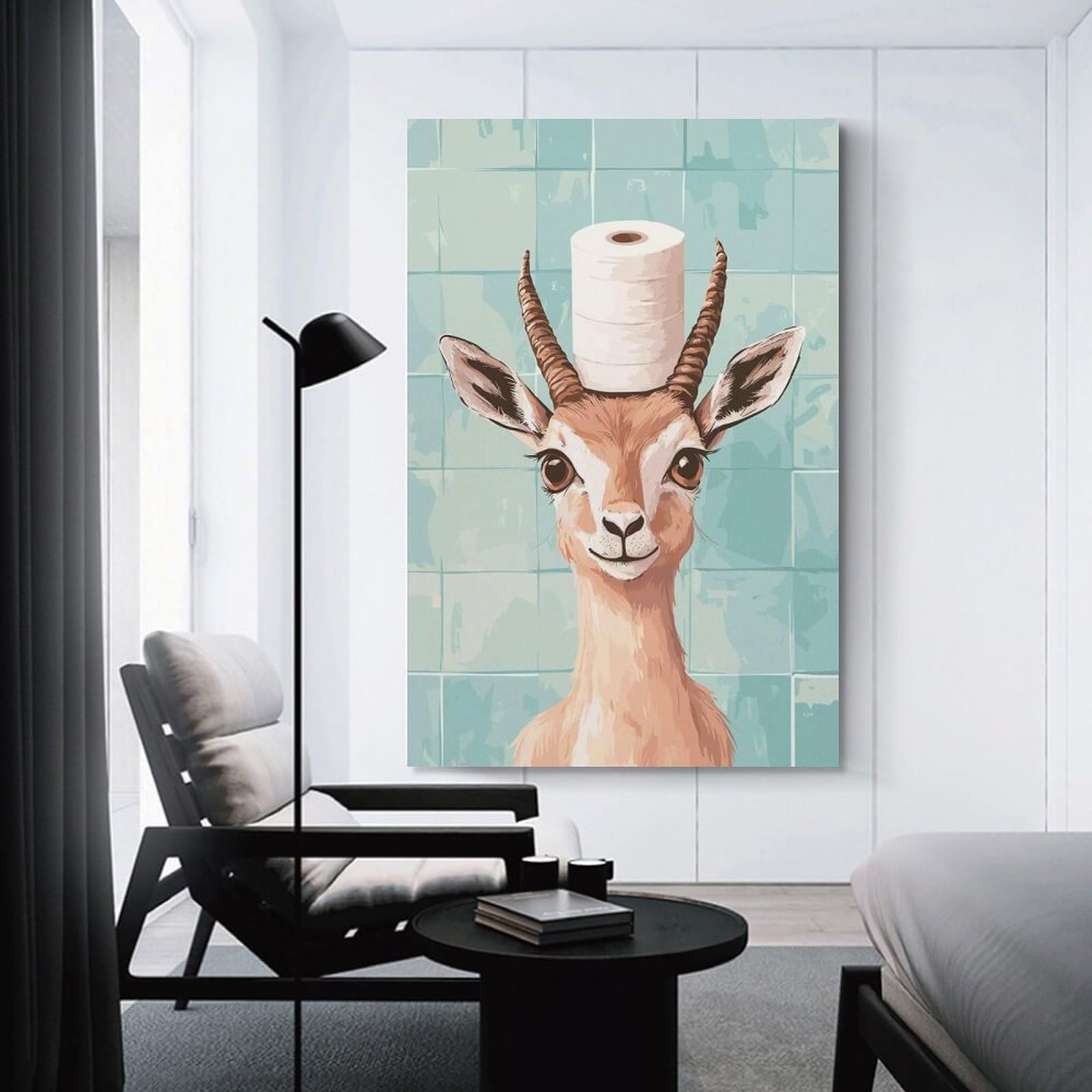 Junmoney Unframe-Style-20 Hanging Wall Art Gazelle With Toilet Paper Hat, 24X36inch(60X90cm), For Gallery Wall Layouts In Home Or Office, An Easy Match For Collected Prints