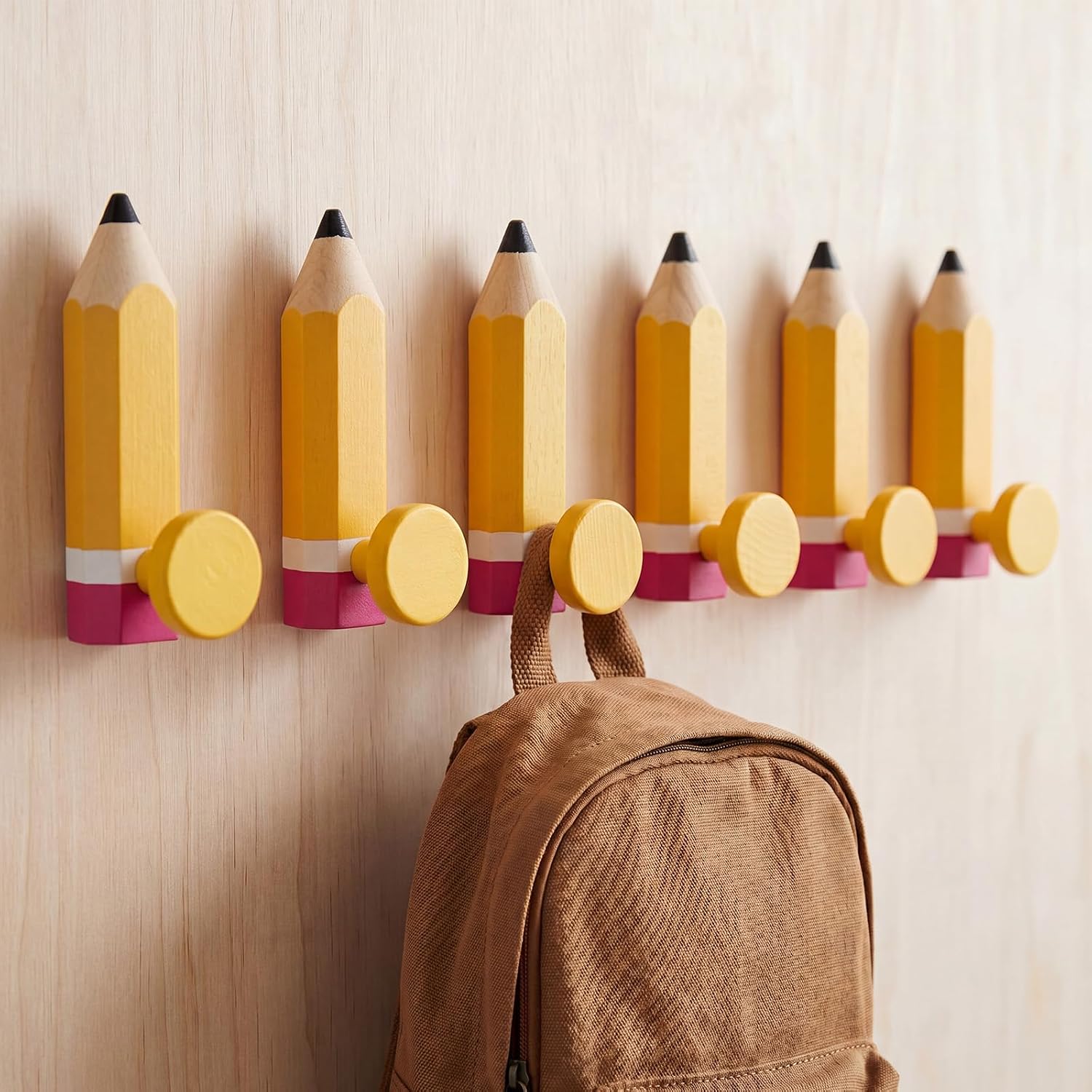 Novabright 7 Pcs Pencil Shaped Kids Wall Hooks Wooden Pencil Classroom Decor 6.7 × 2 Inch Backpack Holder Organizer Wall Mounted Coat Hooks for Back to First Day of School Backpacks Keys Decor