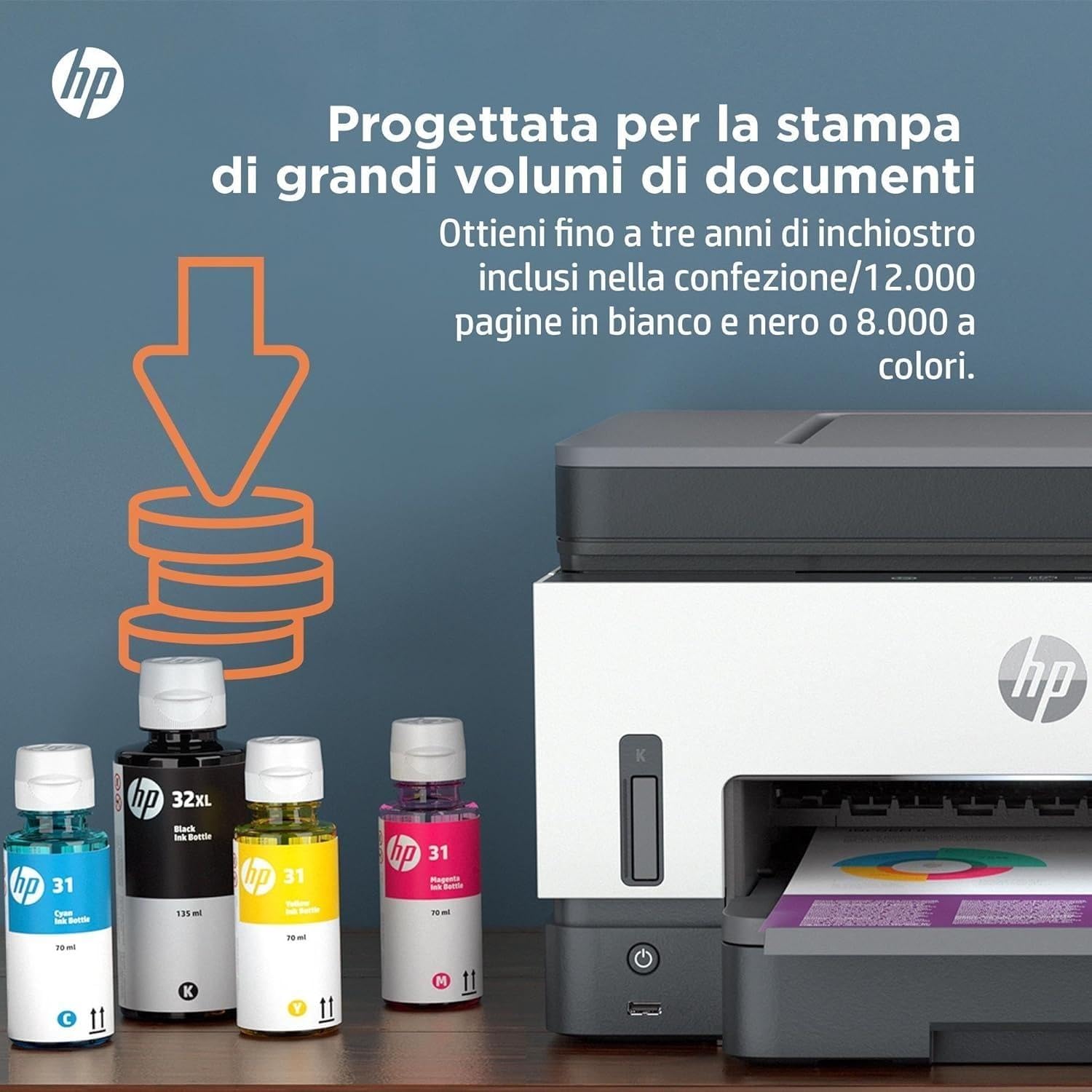 HP Smart Tank 7605 28C02A, Stampante Multifunzione a Colori, Serbatoio d'Inchiostro ad Alto Volume di Stampa, Fino a 12000 Pagine (Nero) e 8000 Pagine (Colore), F/R Automatica, Wi-Fi, Grigia