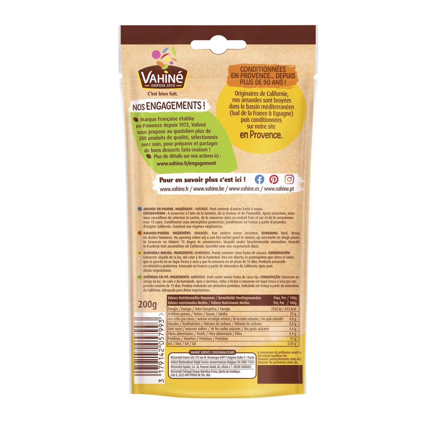 VAHINE Amandes en Poudre 200 g — Poche Refermable Fresh Zip pour Pâtisserie Artisanale - Lot de 3