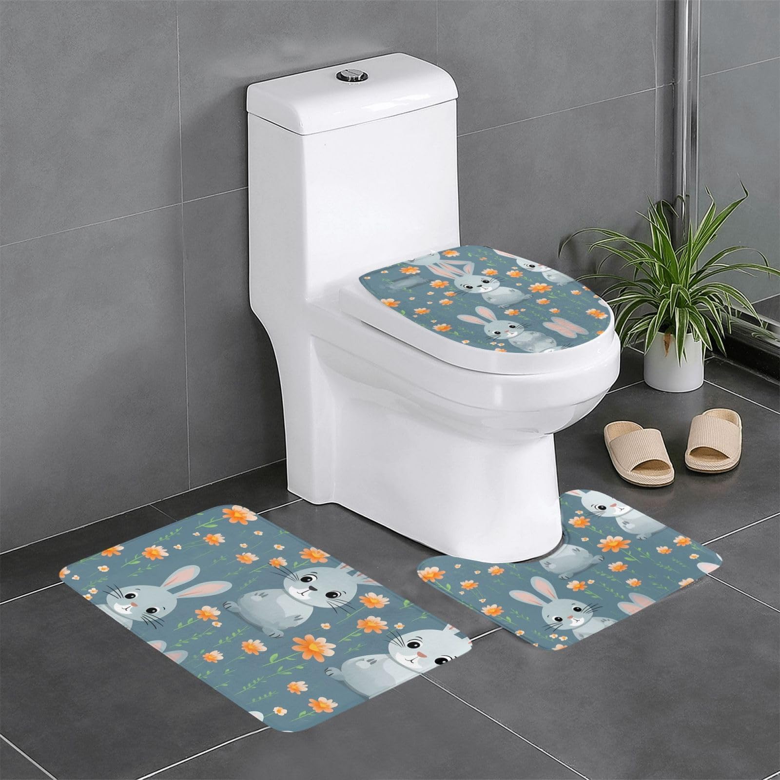 Tapis de salle de bain antidérapants au motif lièvre gris pour wc et douche