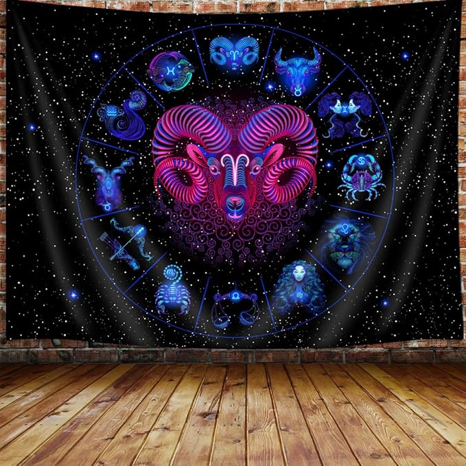 Aries Tapestry, Constellation Neon Tapestry Wall Hanging for Bedroom, Black Light Tarot Witchy Aesthetic Tapestries Poster Beach Blanket College Dorm Home Decor 60X40Inches