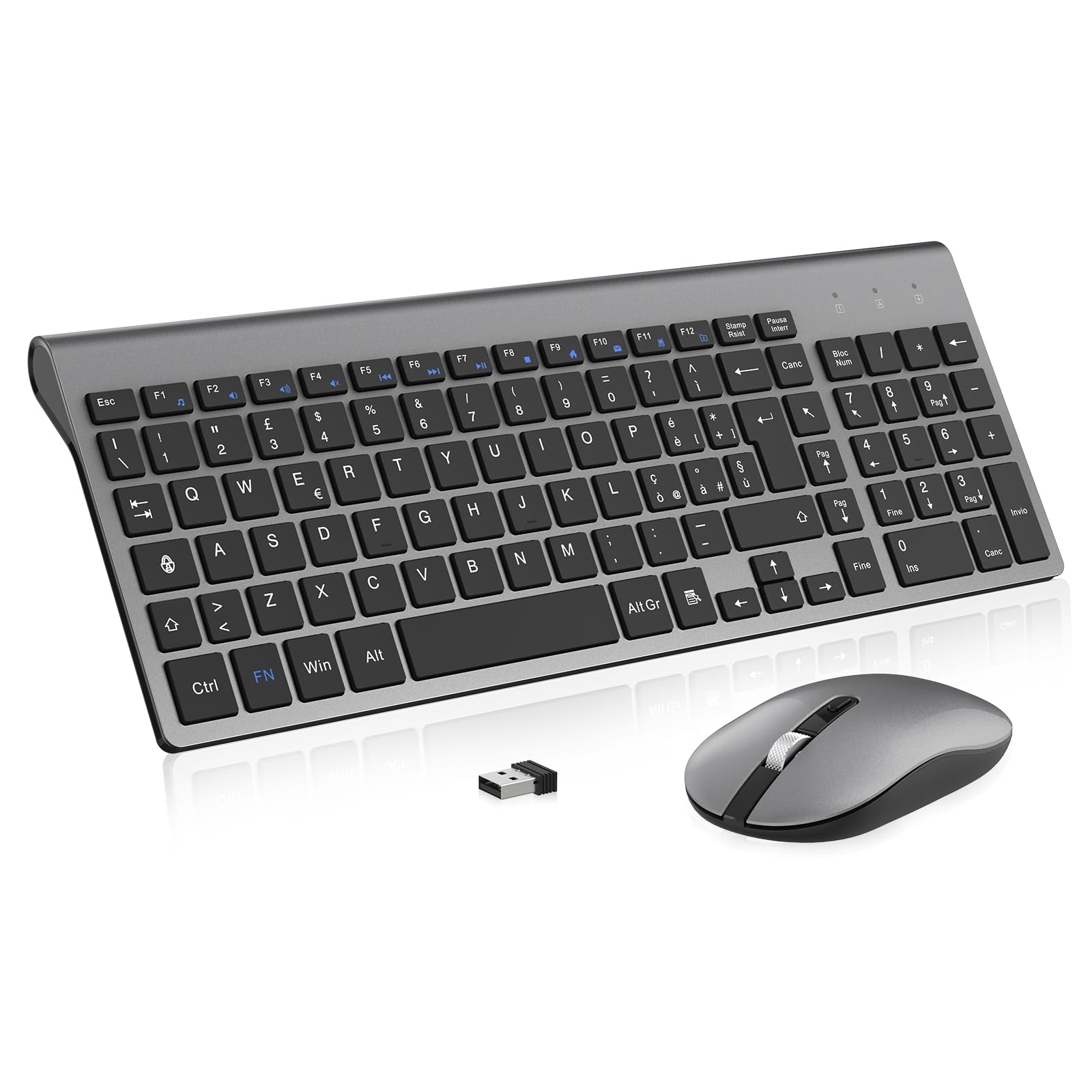 cimetech Tastiera e Mouse Wireless, Layout Italiano QWERTY, Ultra-Sottile Ergonomico Full-Size 2.4Ghz Wireless Mouse Tastiera Numerico con Ricevitore Nano per PC/Laptop/Win7/8/10（grigio）