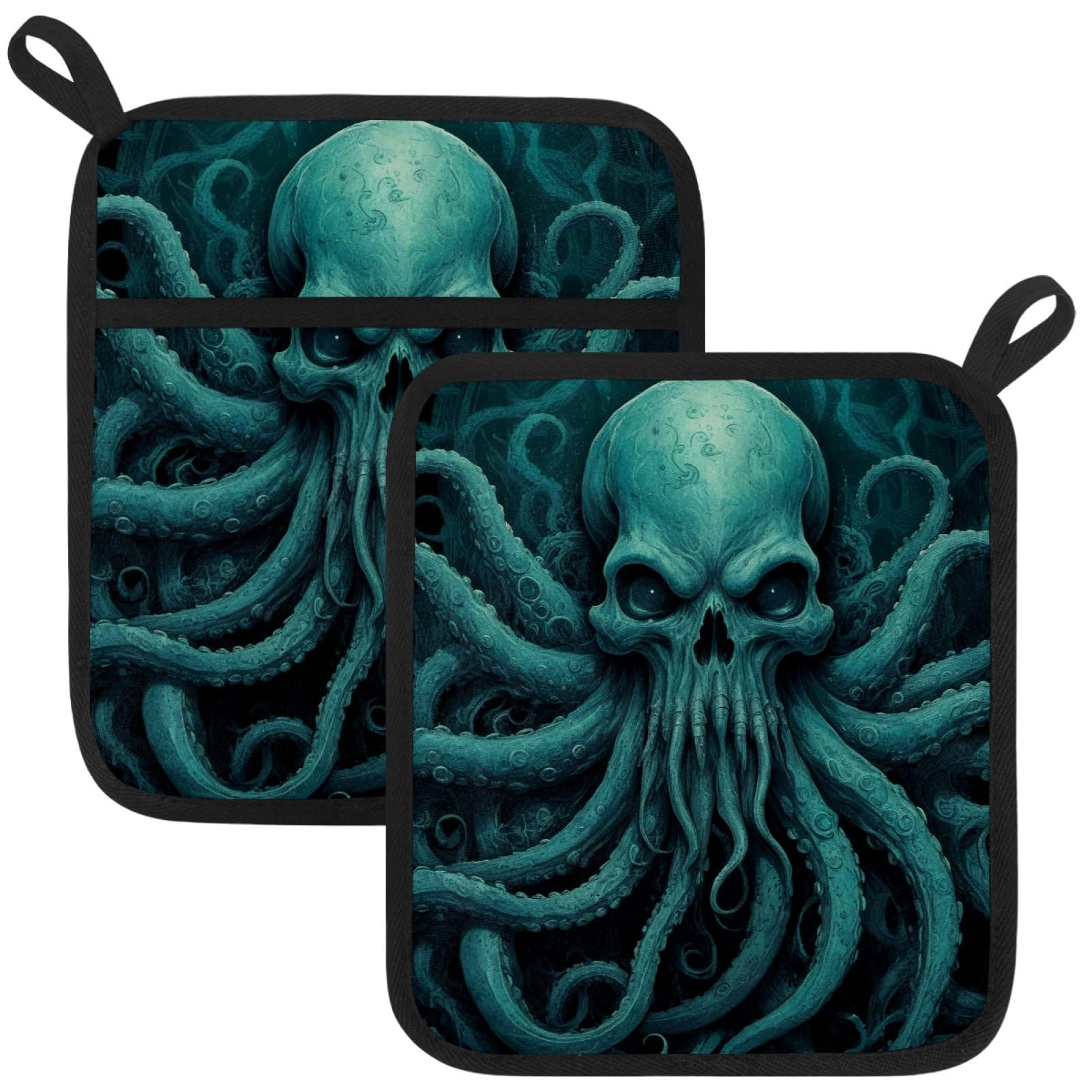 VAPOKF Skeleton Octopus Pot Holders with Pocket for Kitchen Heat Resistant Potholders Large Polyester-Cotton Square Oven Mitts Set