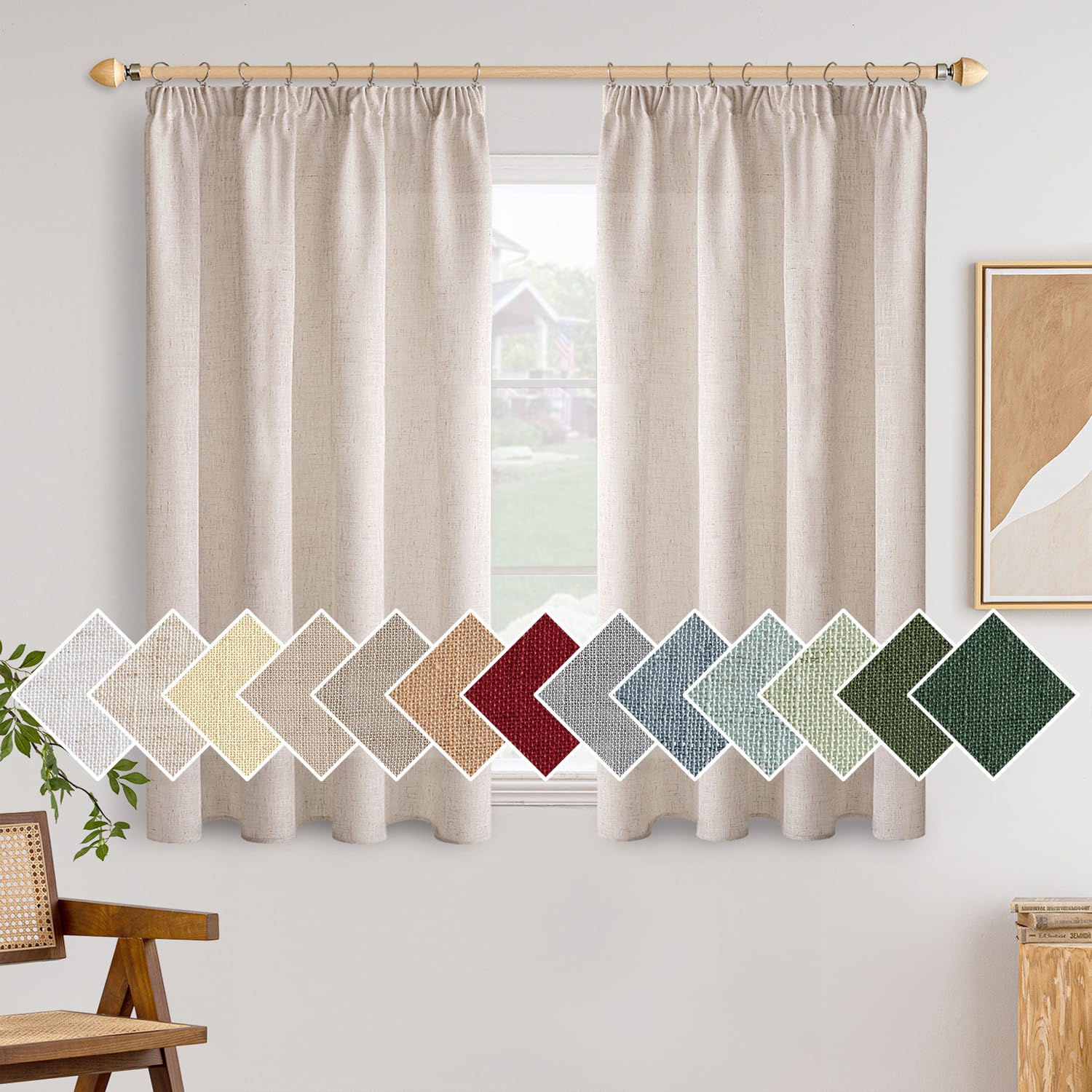 Woaboy Short Linen Curtains with Frunction Tape Curtains Bedroom Window Translucent Modern Curtains for Living Room Bedroom 2 Pieces 140 x 145 cm White