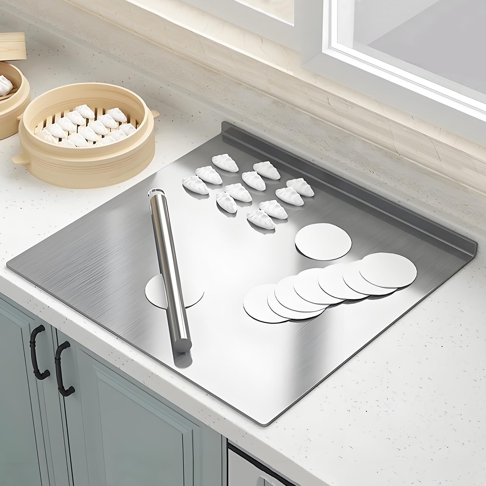 Planche à découper en acier inoxydable avec rebord pour plan de travail de cuisine