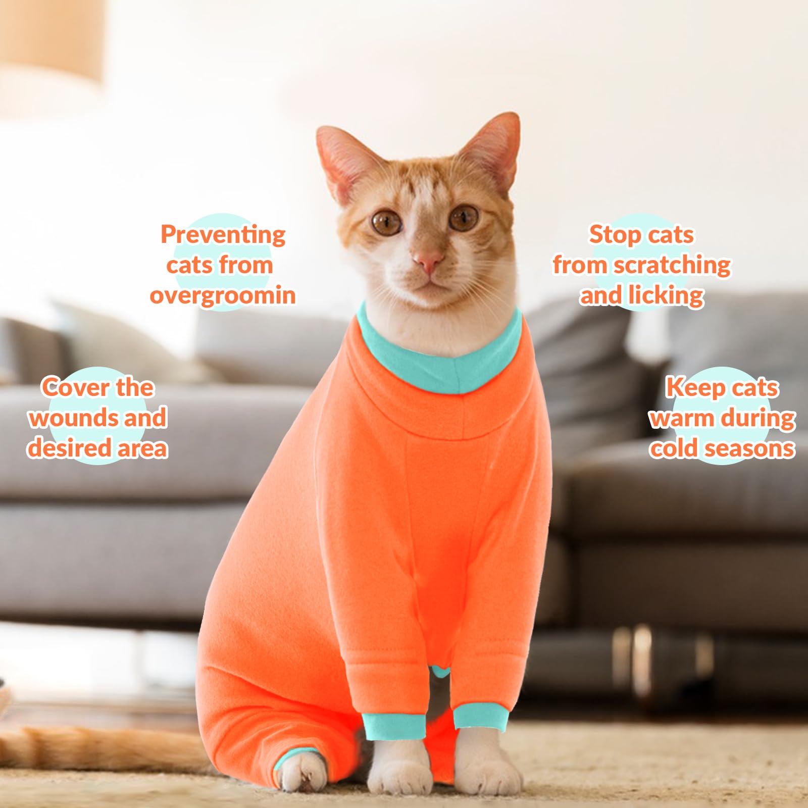 Cat Clothes, Body Suit to Stop Licking Thermal Cat Coats and Body Warmers Soft Touch Thick Surgery Recovery Suit Prevent Scratching(Orange, M) — view 5