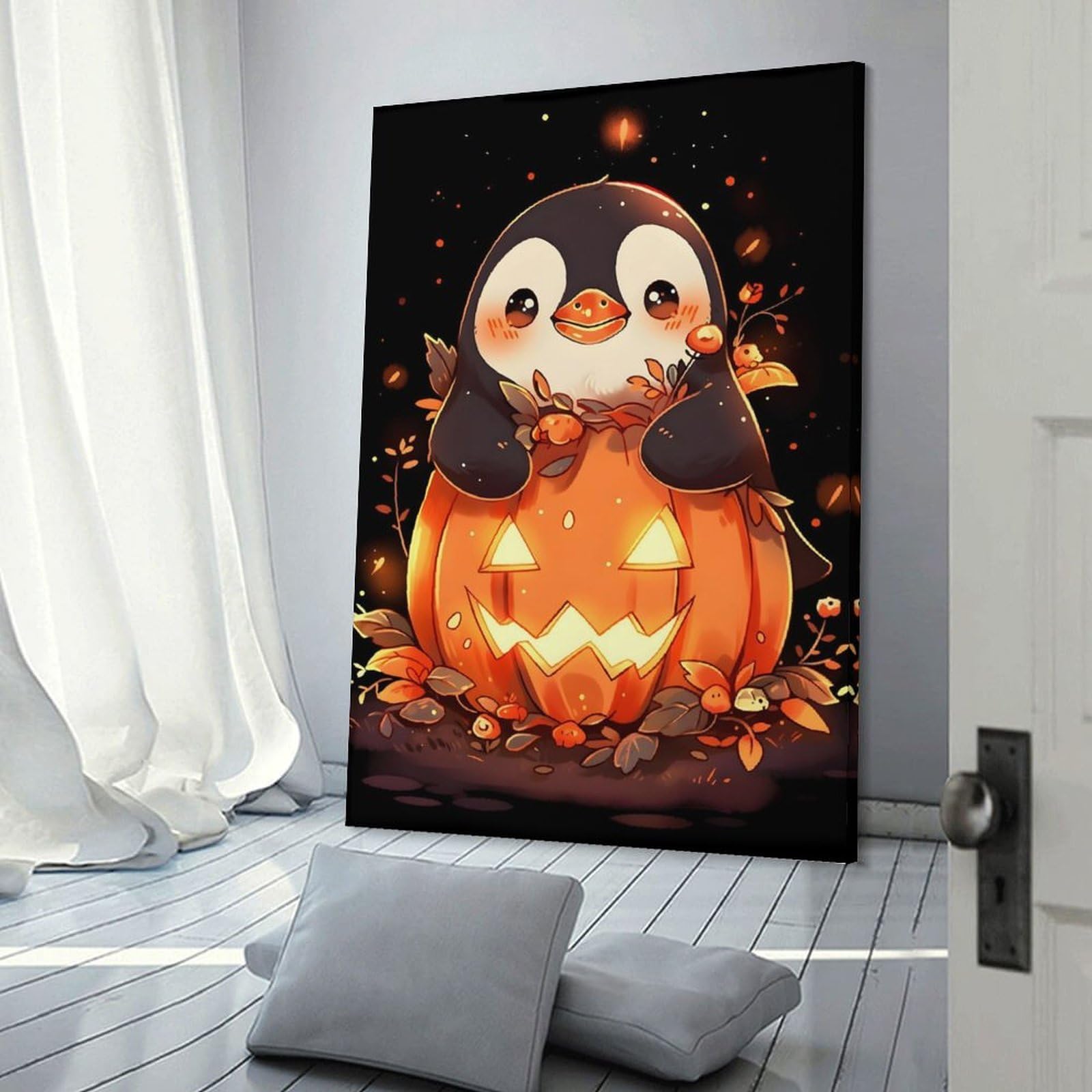 Junmoney Penguin Pumpkin Canvas Art Print 20x30inch(50x75cm), for Gallery Wall Layouts in Home Or Office, Decorative Artwork with Flexible Styling