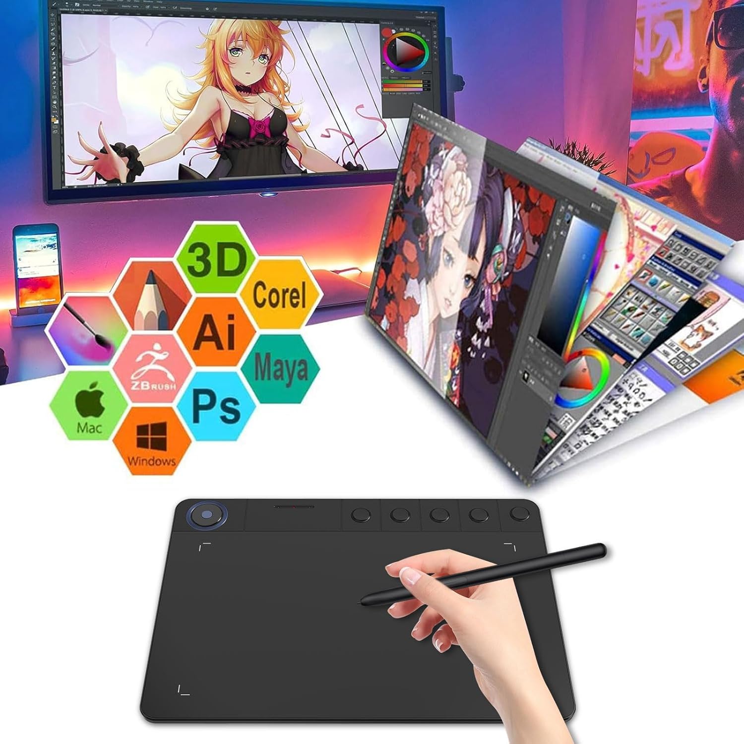 Graphics Drawing Tablet with 5 Shortcut Keys 9 x 5 Inch Digital Pen Tablets with Quick Dial and Battery-Free Passive Stylus Compatible with Android/Windows/Mac OS